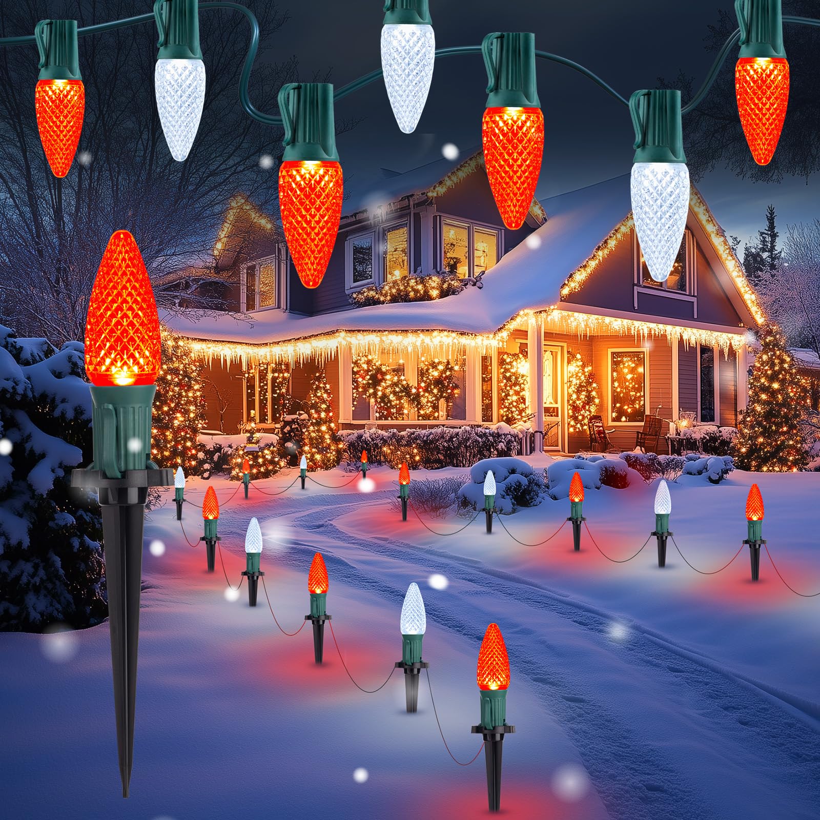 Brightown C9 Christmas Lights Outdoor, 25.7 Ft Strawberry C9 Christmas Pathway Lights with 20 LED Bulbs and Stakes, Christmas De