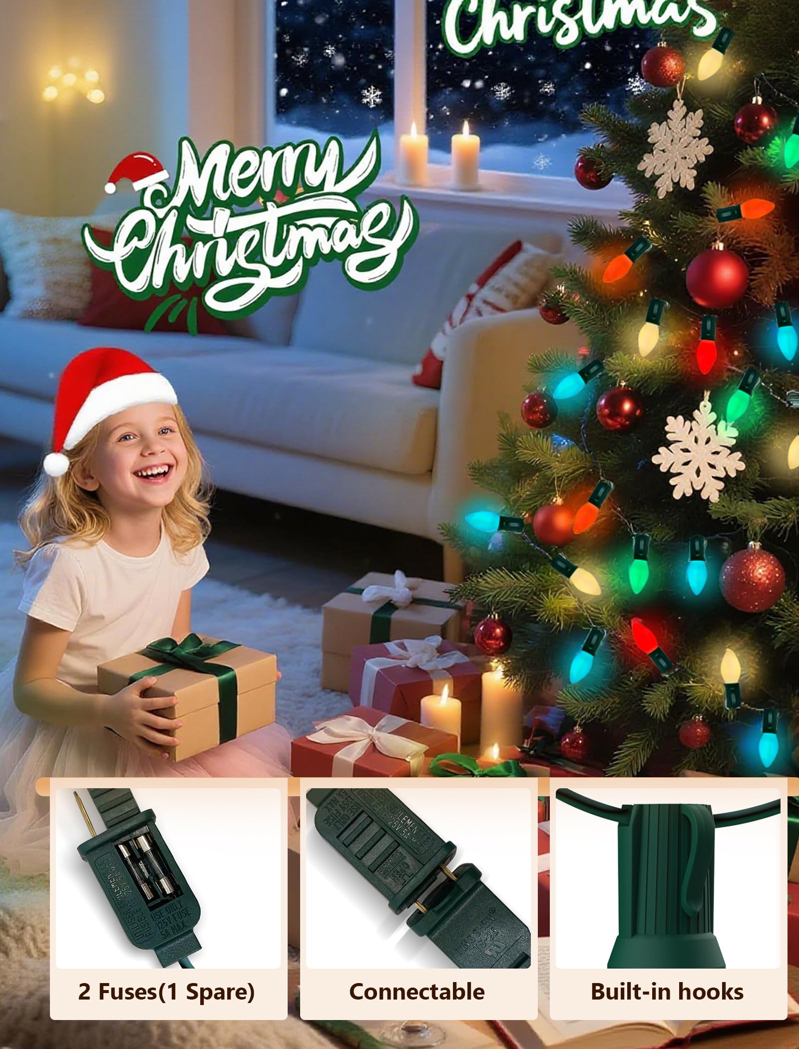 C7 Led Colorful Christmas Lights Outdoor  25Ft Christmas Decorations String Lights With 27 Led C7 Ceramic Multicolor Bulbs  Hanging Vintage Christmas Lights For House Roofline Tree Patio Yard Party