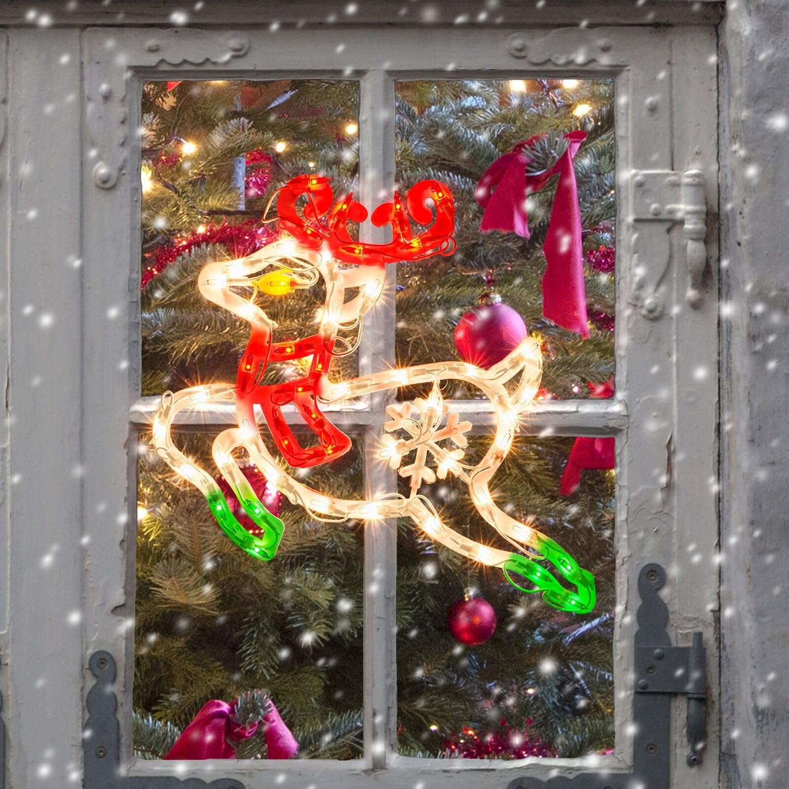 Justpro Christmas Window Silhouette Lights, Lighted Deer Double Sided Decorations With 50 Count Incandescent Mini Light For Holiday Indoor Wall Door Glass Decor