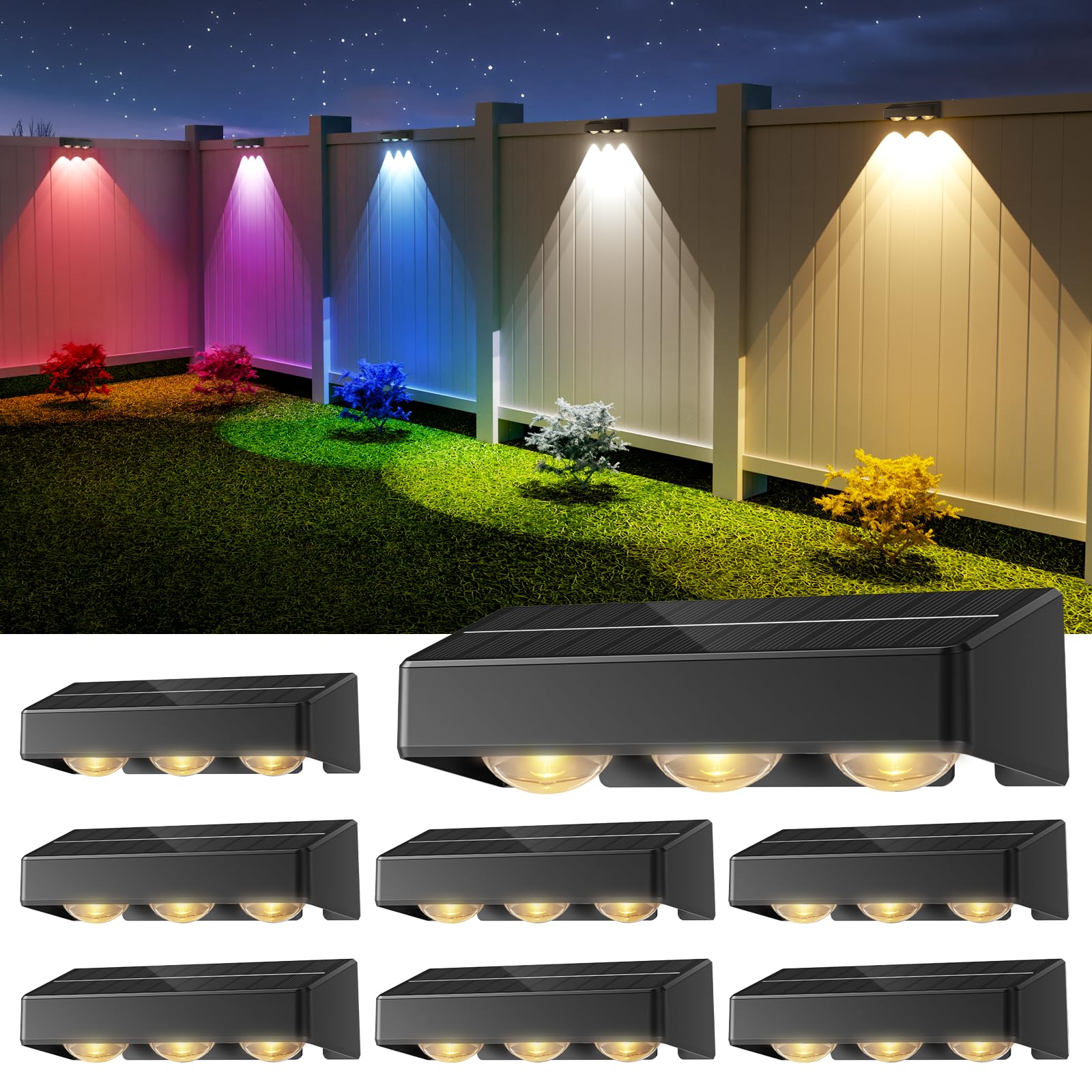 NIORSUN Solar Fence Lights, Waterproof LED Bulbs, RGB Color, 8 Pack, Black, Model 16399LGTF