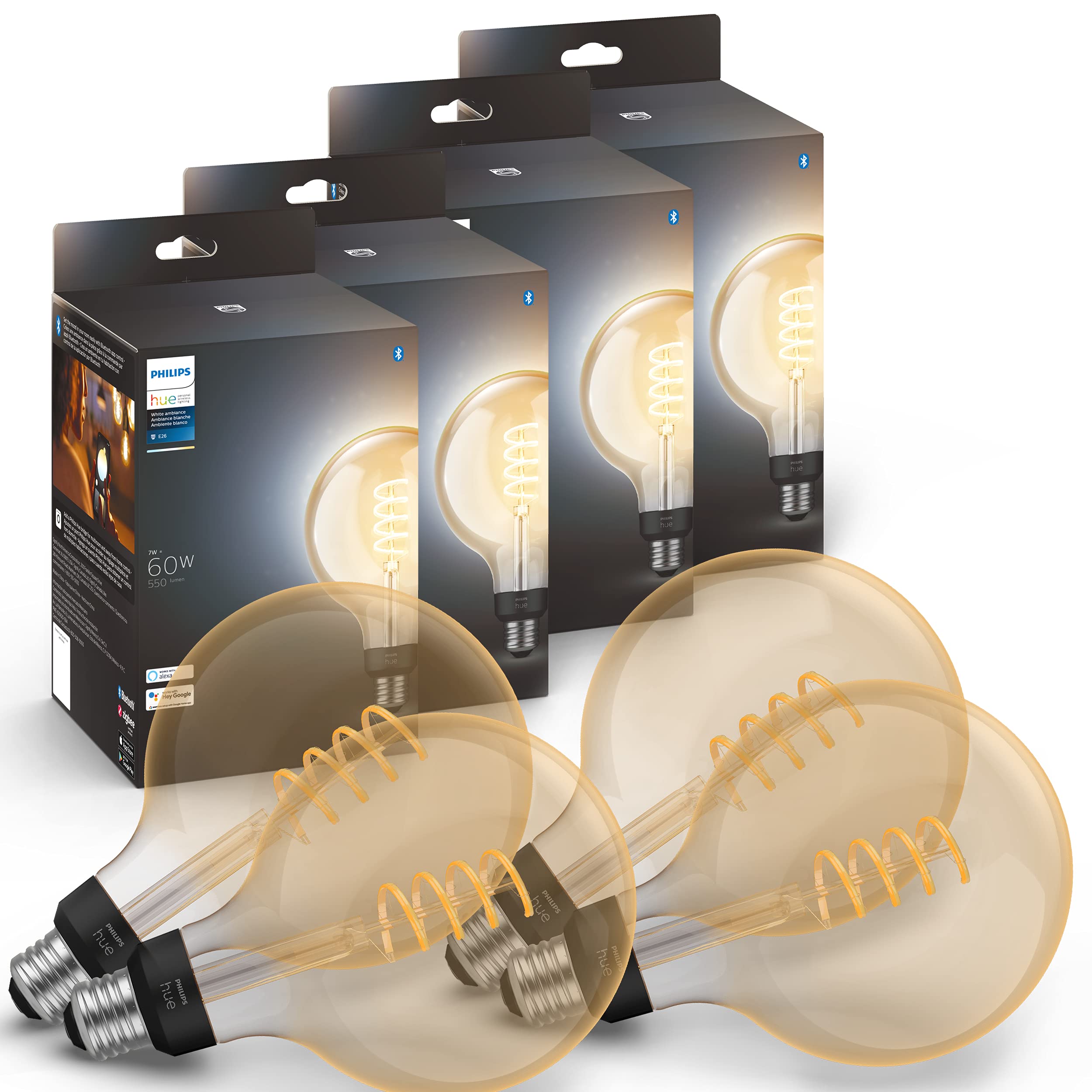 Philips Hue Smart 60W G40 Filament Led Bulb - White Ambiance Warm-To-Cool White Light - 4 Pack - 550Lm - E26 - Indoor - Control
