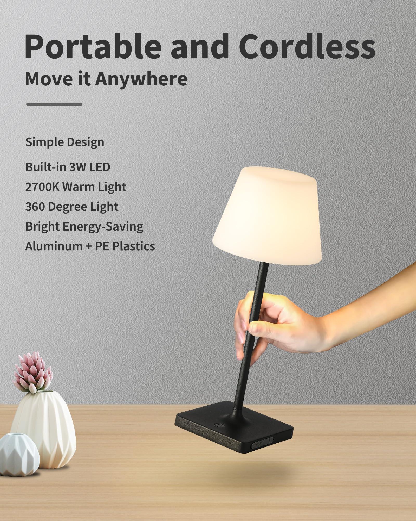 Newsee Outdoor Waterproof Cordless Table Lamp, 4000Mah Portable Rechargeable Battery Powered Dimmable Led Touch Table Light, Mod