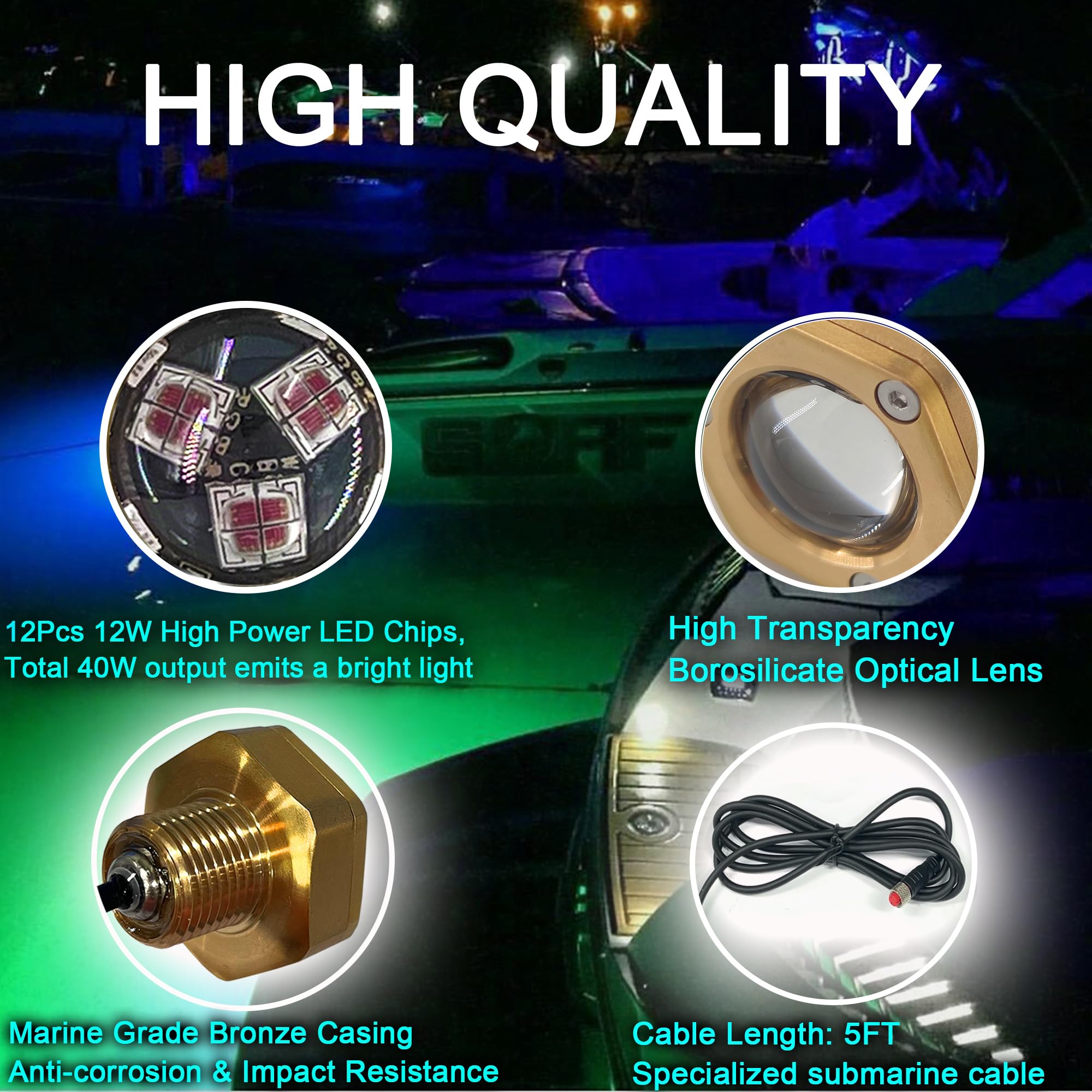 Kingshowstar Boat Drain Plug Light, IP68 Waterproof, 40W, 4100LM, 1/2in NPT, Red, Model KS-R1, Smart Cooling System, RF