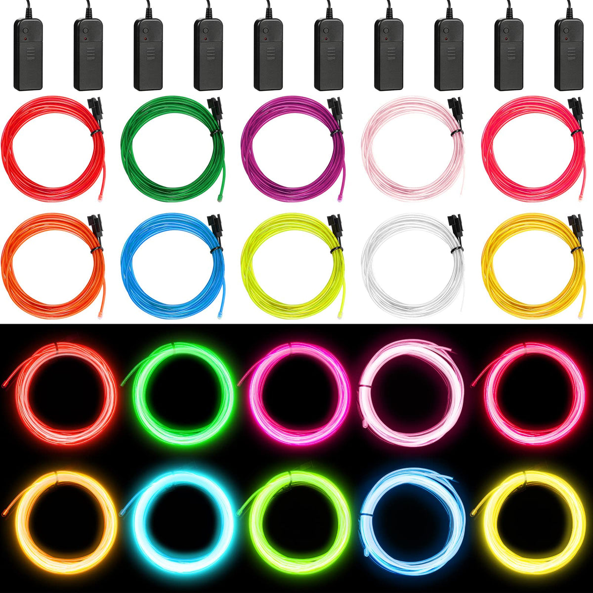 Hortsun 15 Pack El Wire Portable Neon Lights Cuttable Neon Glowing Strobing Electroluminescent Battery Powered LED Lights Glow in The Dark Costume with Battery Pack for Party(2 Meter) – Lightsdaddy