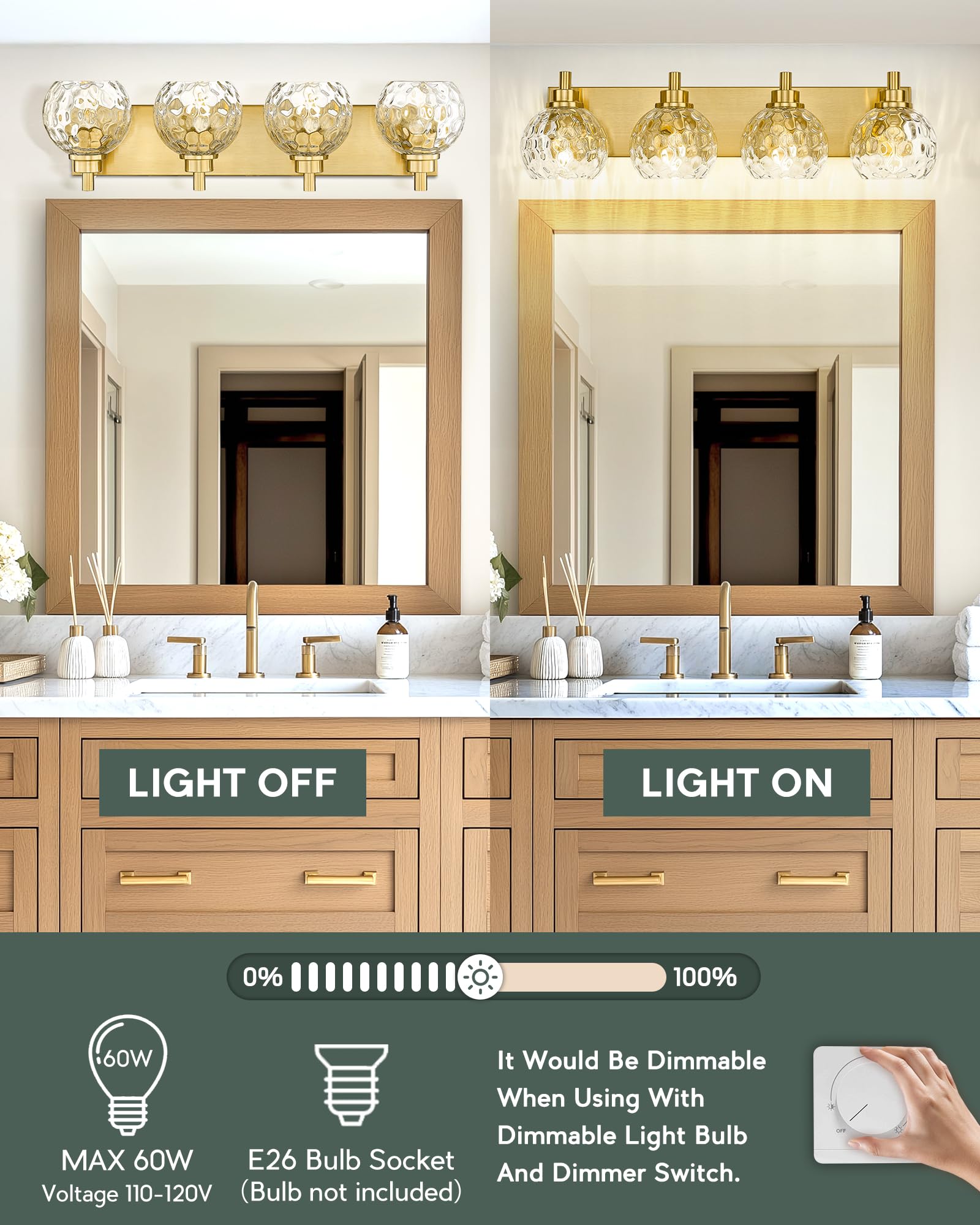 METWET 4-Light Bathroom Vanity Light Fixture, Brushed Gold with Clear Hammered Glass Shade, Model VL200-BG-CL-4