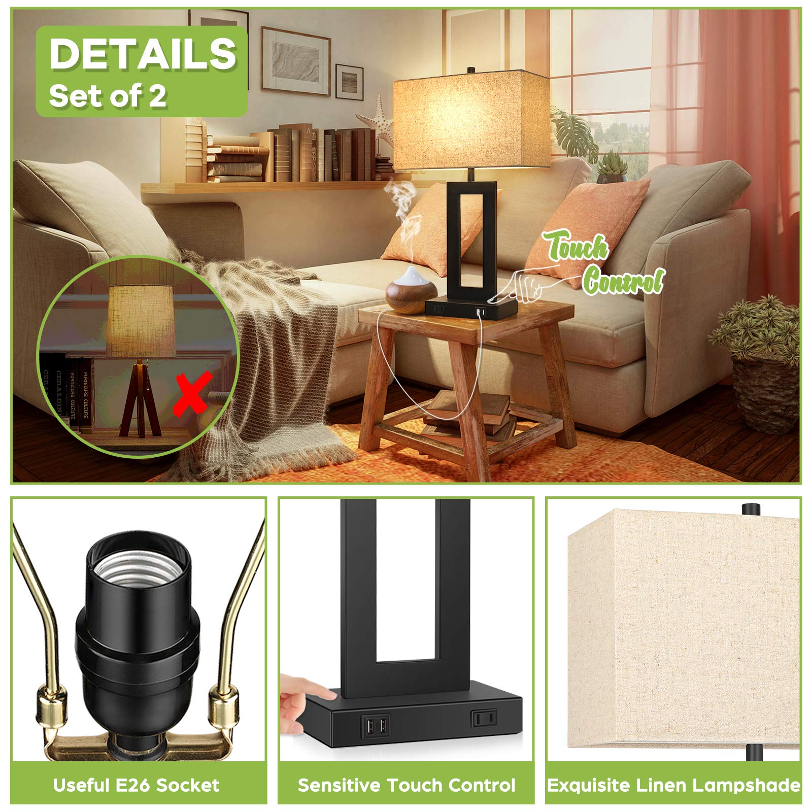 Tobusa Set Of 2 Touch Control Table Lamps With Usb Ports, 3-Way Dimmable, Beige Shade