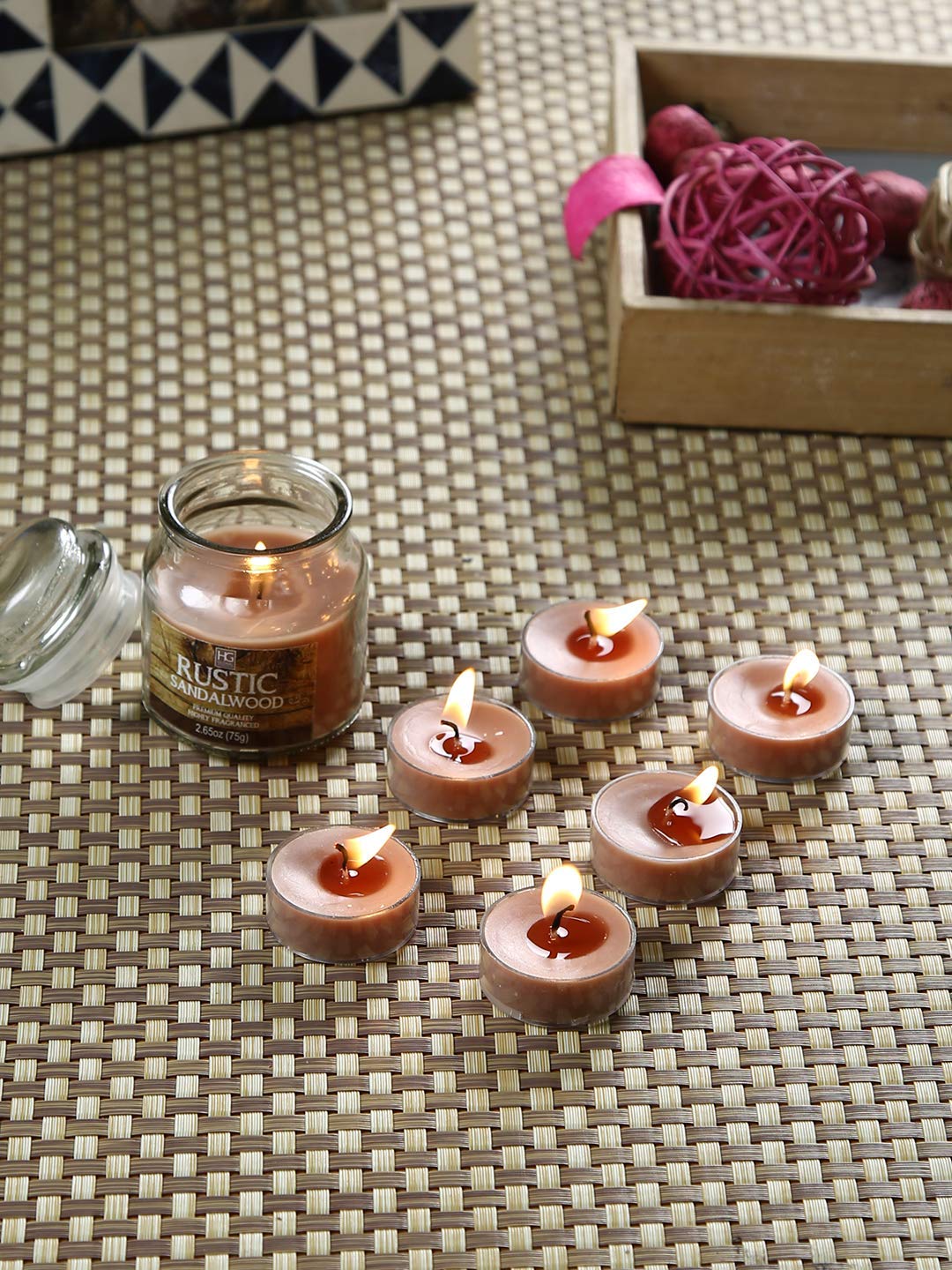 HOSLEY Combo of Rustic Sandalwoood Fragrance Jar Candle with Scented Tealights|Perfect for Home Decor Lighting Gifting|Pack of 1