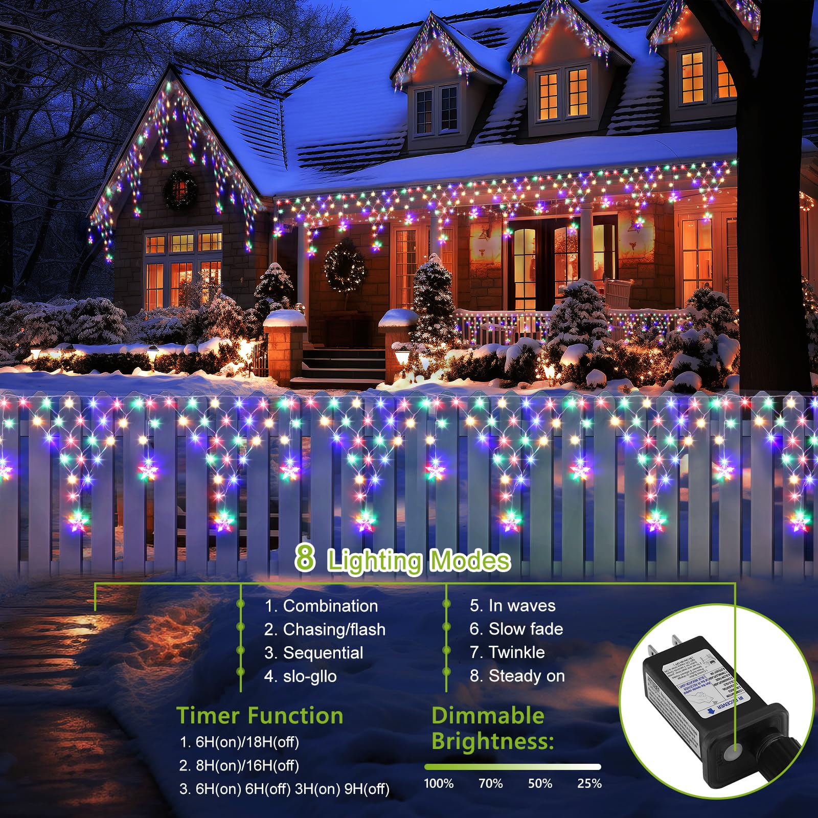 Christmas Lights Outdoor Decorations 218 Led 13.8Ft Curtain Fairy Lights With 12 Drops, Clear Wire Led String Light Decor With 8