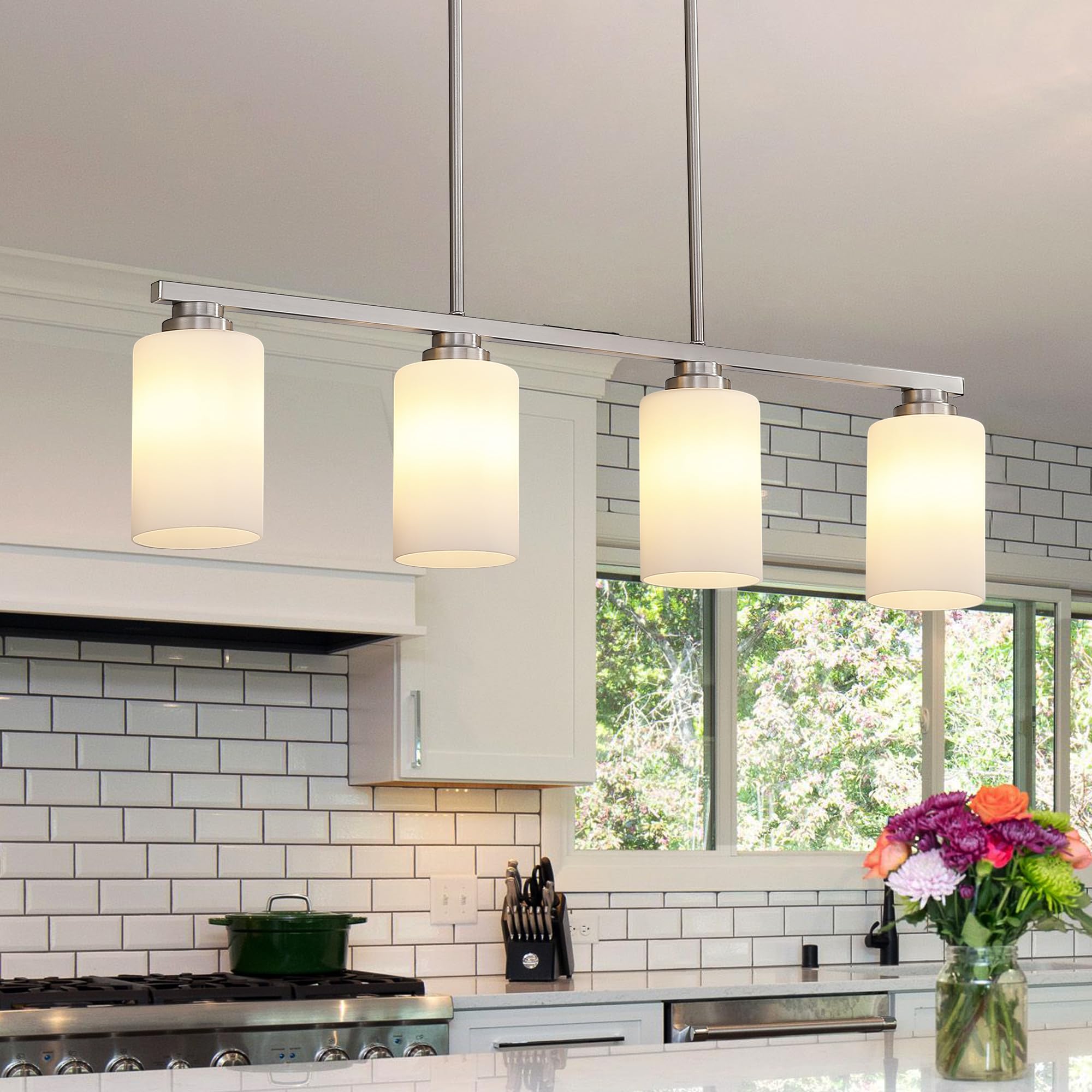Mecgirn Island Light For Kitchen  Brushed Nickel Dining Room Light Fixture Over Table With Milk Glass Shade  4-Light Linear Chandelier Pendant Lighting For Dining Table Kitchen Island Living Room