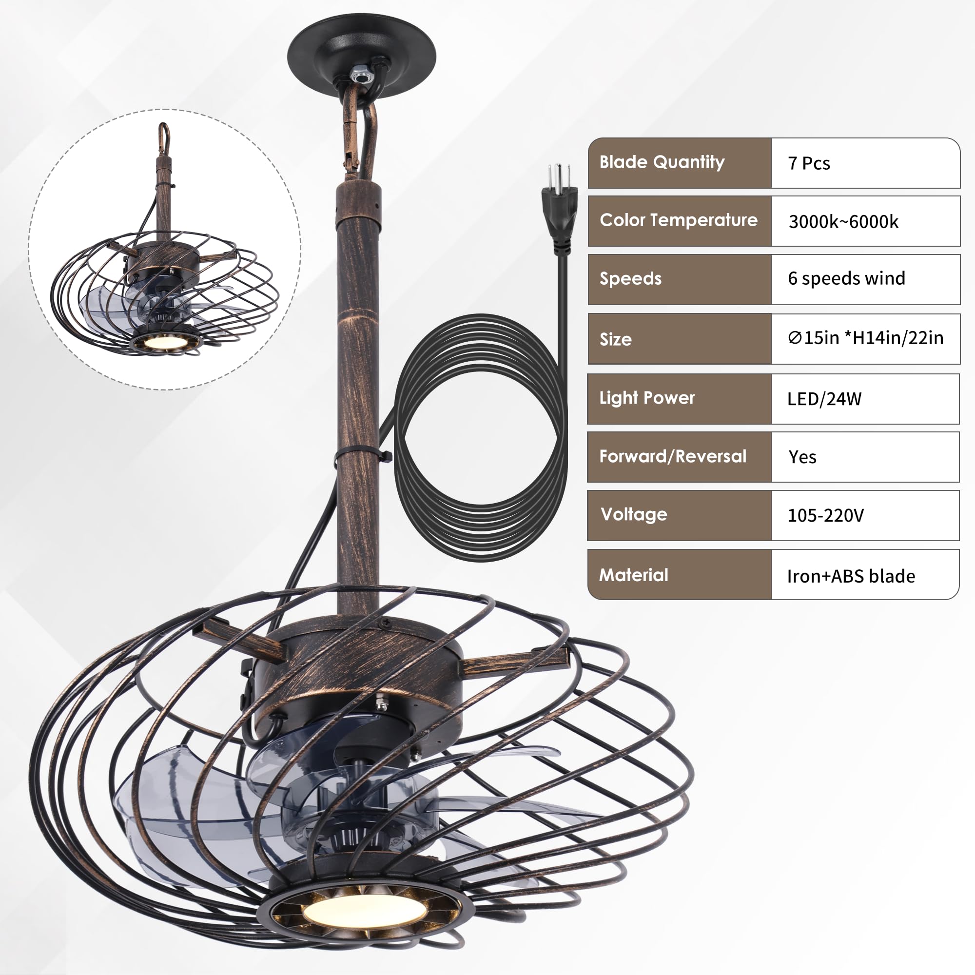 OSGNER 15in Outdoor Ceiling Fan with Light, Waterproof, Remote Control, Dimmable LED, Black Gold, Model F429-SG