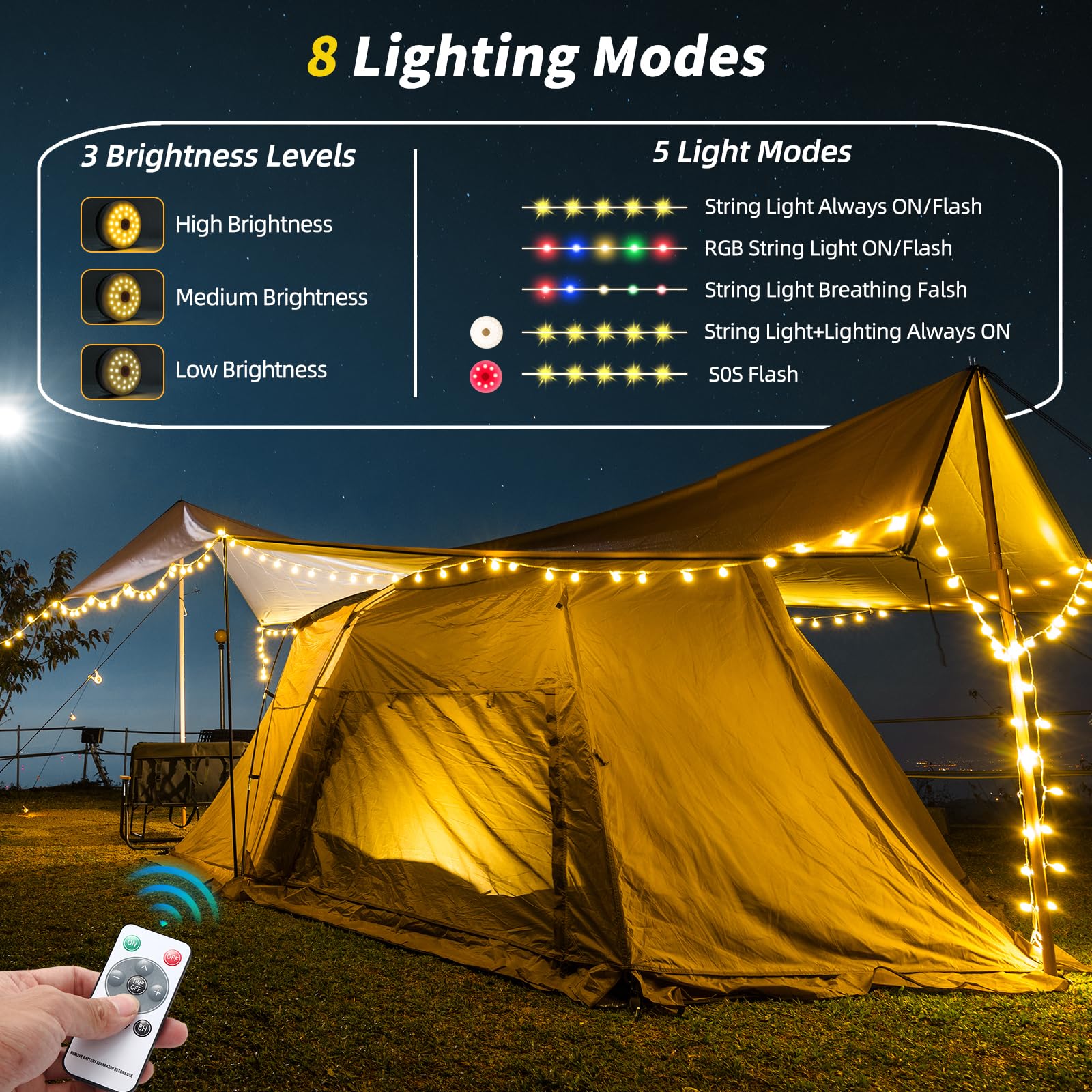 GHORA Solar Camping String Lights, 2 in 1 Solar Rechargeable Portable Outdoor LED String Lights with Remote Control, 39.4 Feet E