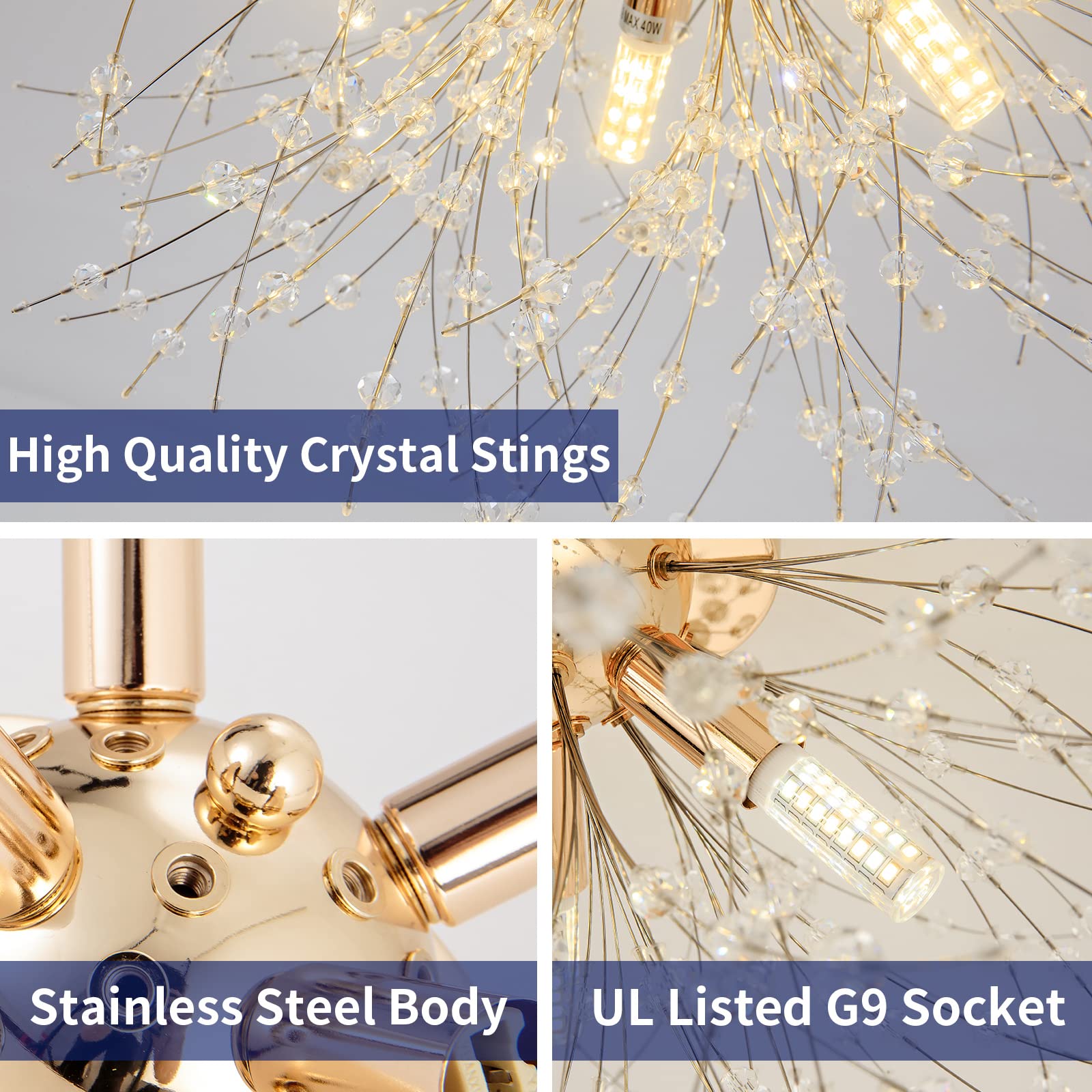 Modern Small Crystal Ceiling Light Fixture, 4-Light Gold Crystal Sputnik Firework Chandelier, Semi Flush Mount Ceiling Light Fix