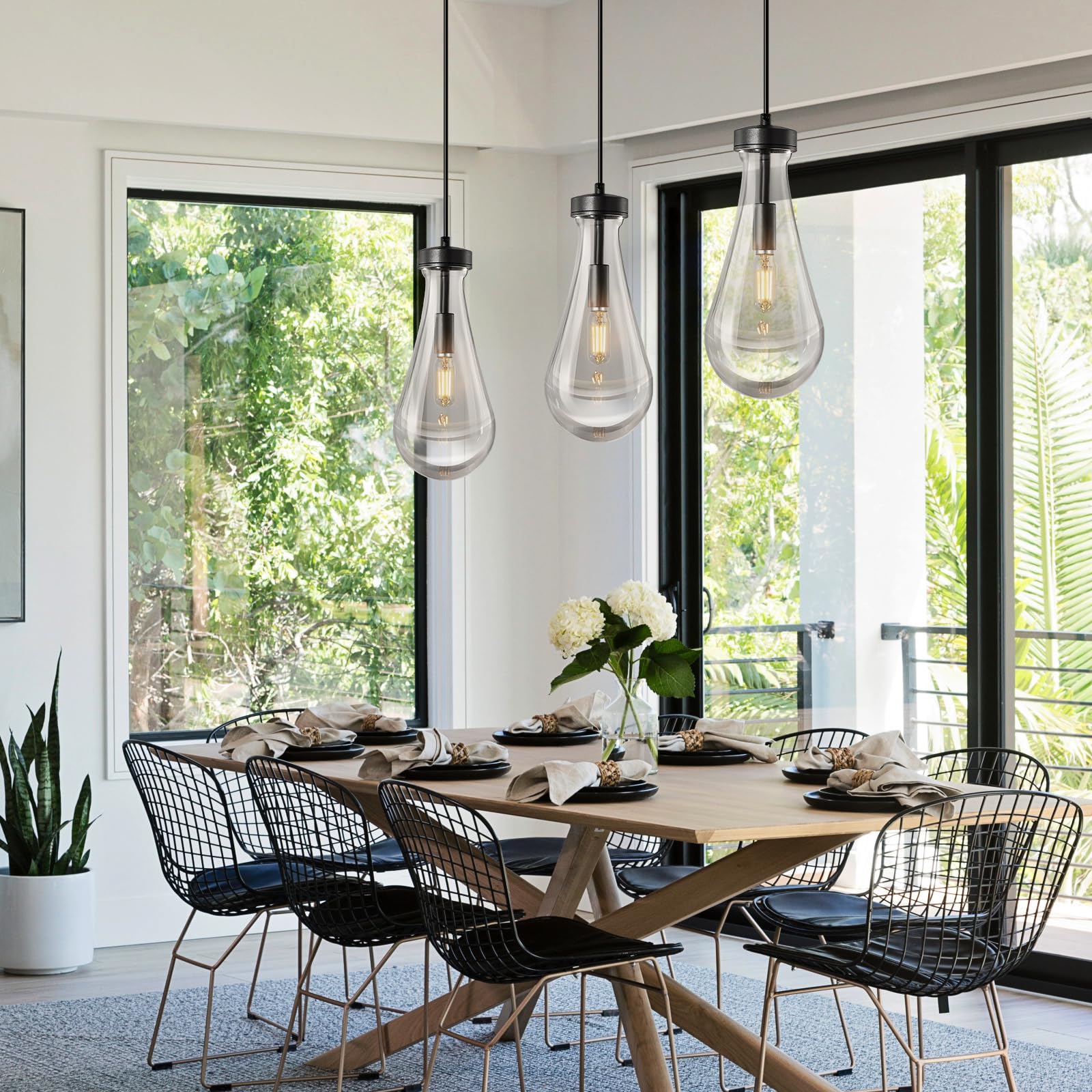 Liangmh Raindrop Pendant Lights Kitchen Island Set Of 2 Teardrop Black Hanging Light Fixtures Clear Solid Glass Pendant Light Mo