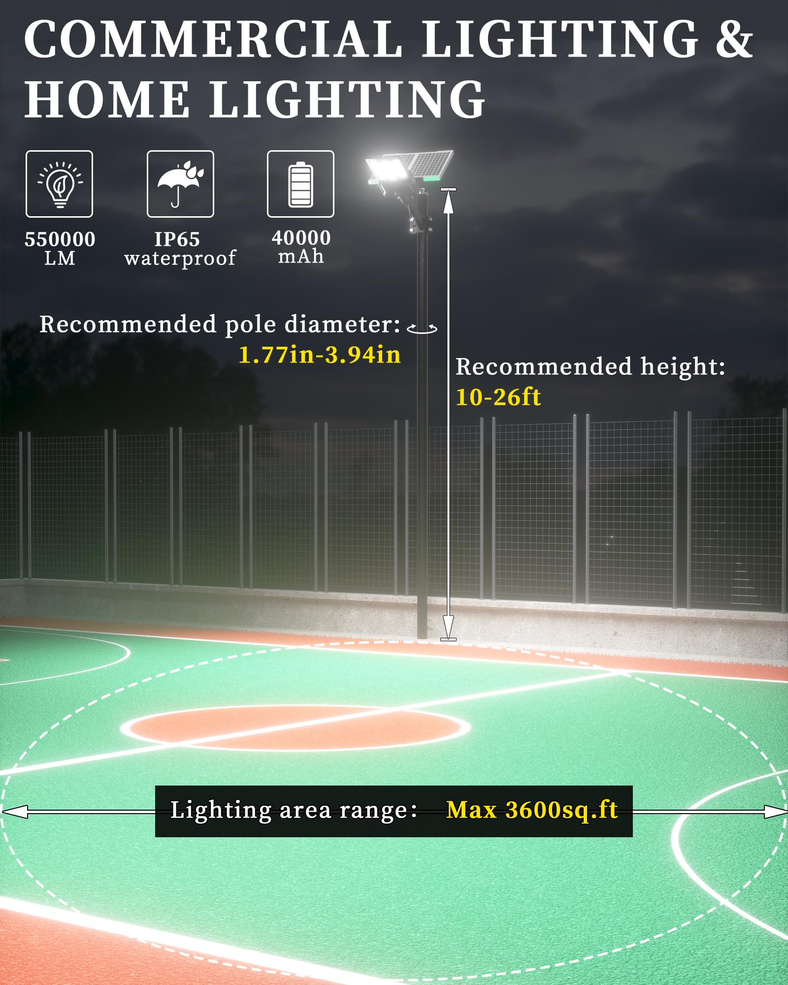 Gefolly SL-8800W Solar Street Light, 550000LM, IP67 Waterproof, 6500K, Black, for Outdoor, Parking Lots, Yards, Basketball Courts