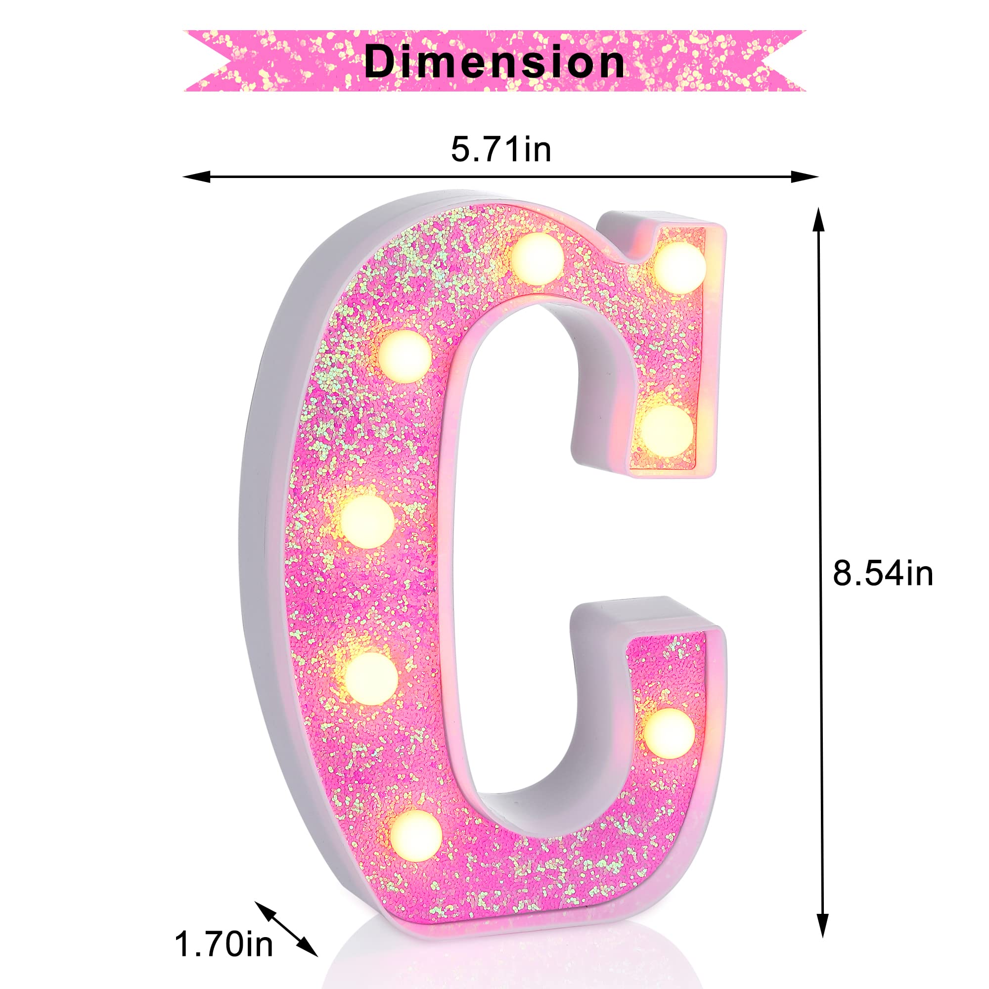 Foaky Led Letter Lights Sign Light Up Pink Letters Glitter Alphabet Letter Sign For Night Light Wedding/Birthday Party Battery Powered Christmas Lamp Girls Gifts Home Bar Decoration(C)