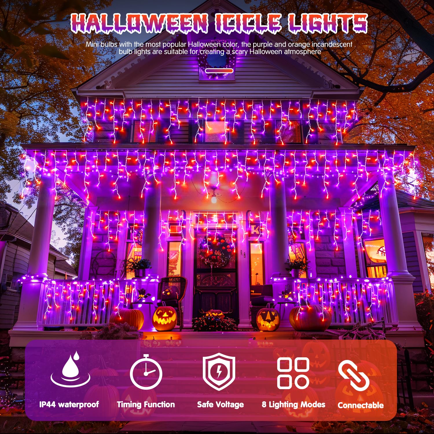 JMEXSUSS 400 LED Icicle Lights, 8 Modes, Waterproof, 38.8FT, Orange and Purple, Model EXS-I-0400