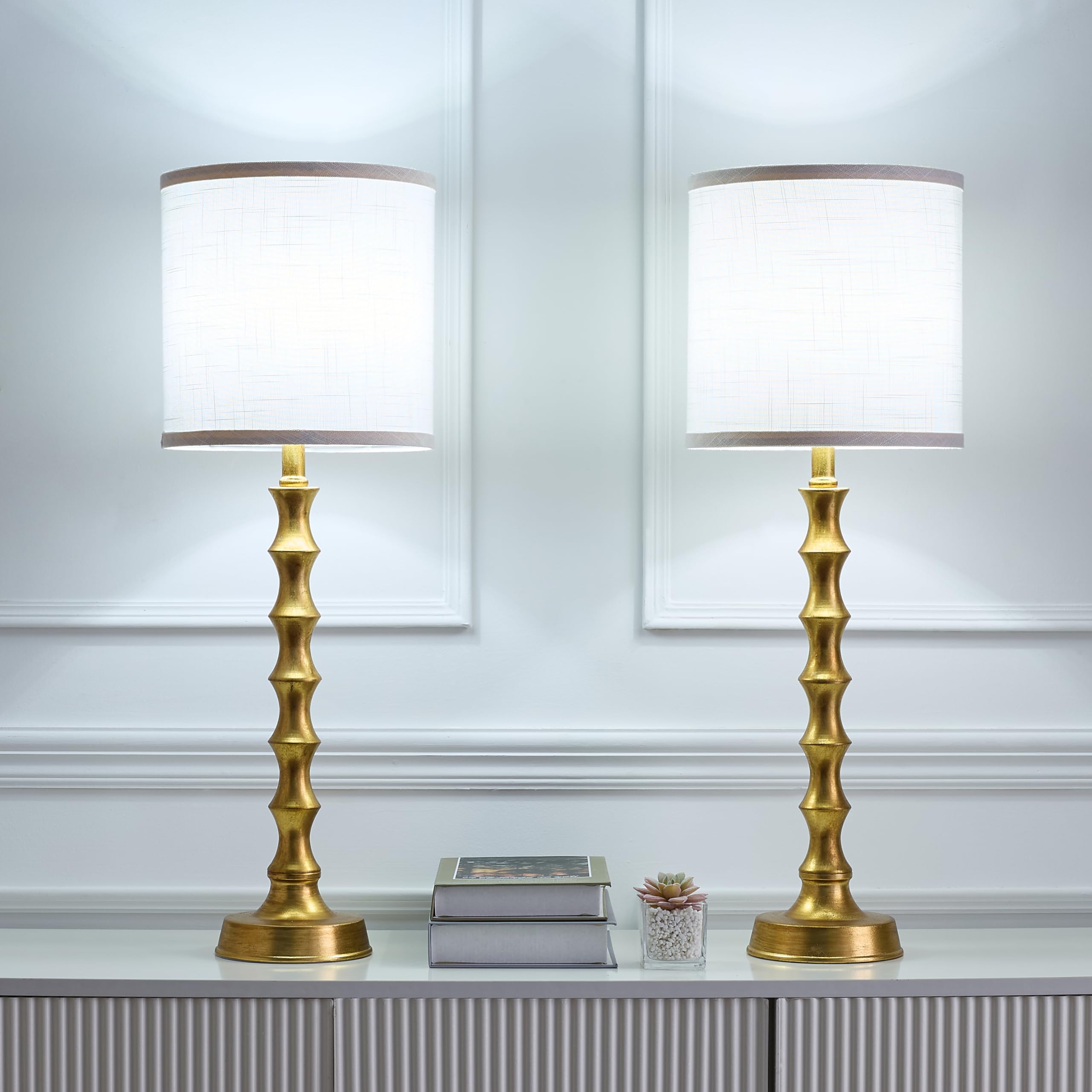 HGNPJC Gold Table Lamp Set of 2, 29" Rustic Metal Bamboo Design, White Linen Shade for Bedroom & Living Room