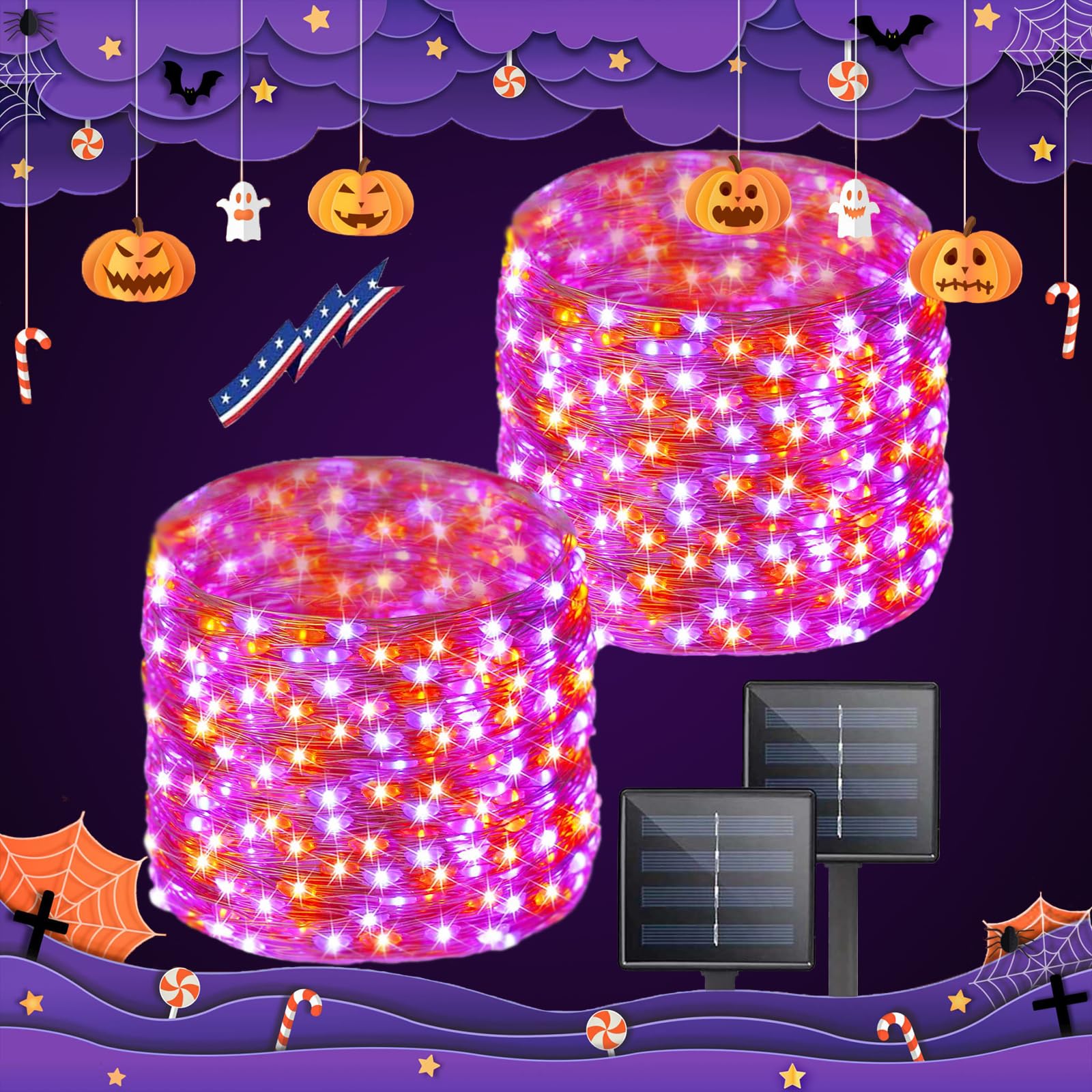 BHCLIGHT Solar String Lights, 200LED, 80FT, Waterproof, Purple & Orange, 8 Modes, Halloween 2 Pack