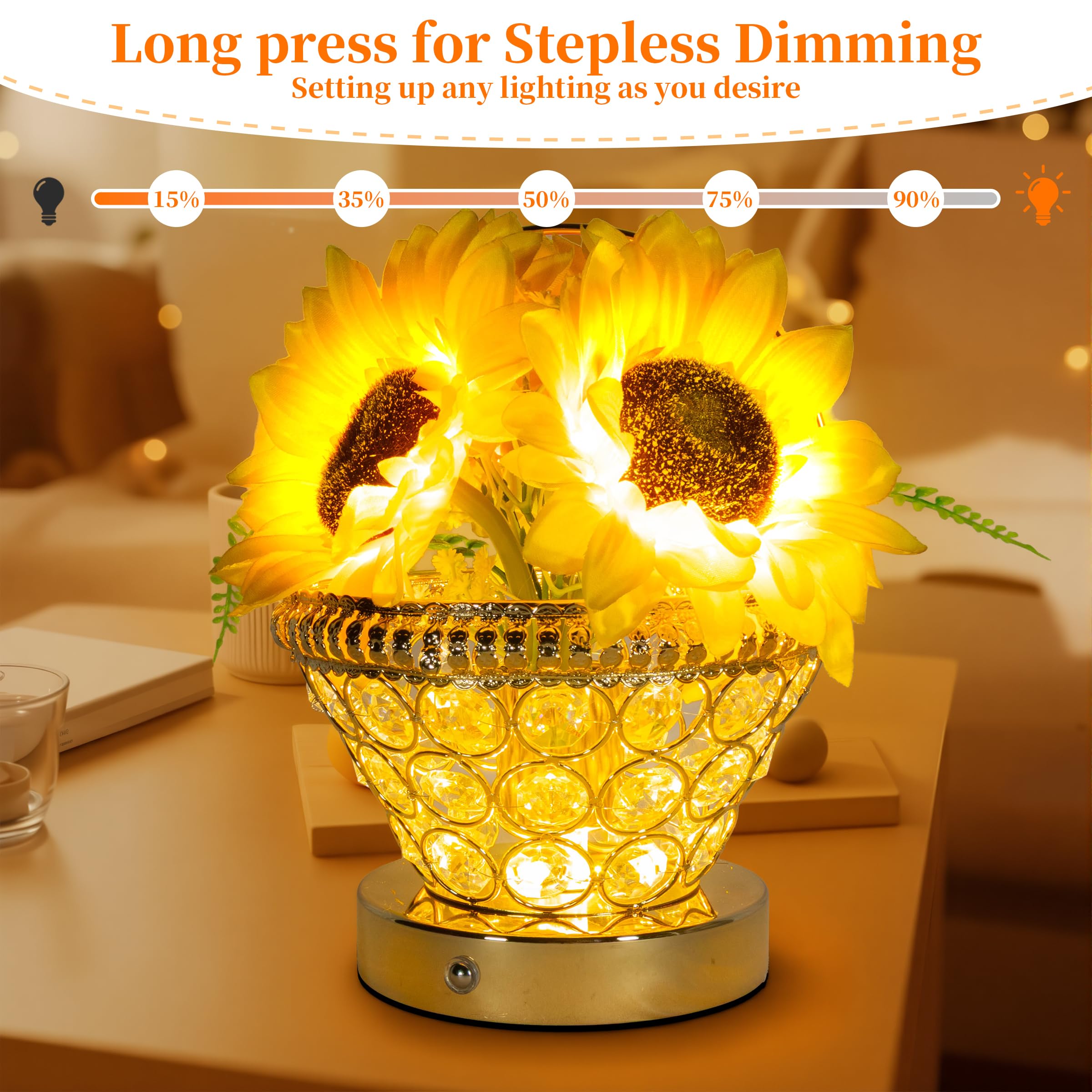 Zqpbled Birthday Gifts For Women  Gift Basket For Mom Sunflower Cordless Table Lamp 3 Color Crystal Lamps Touch Bedside Lamps Infinitely Dimming With Usb Charge Small Night Light For Bedroom