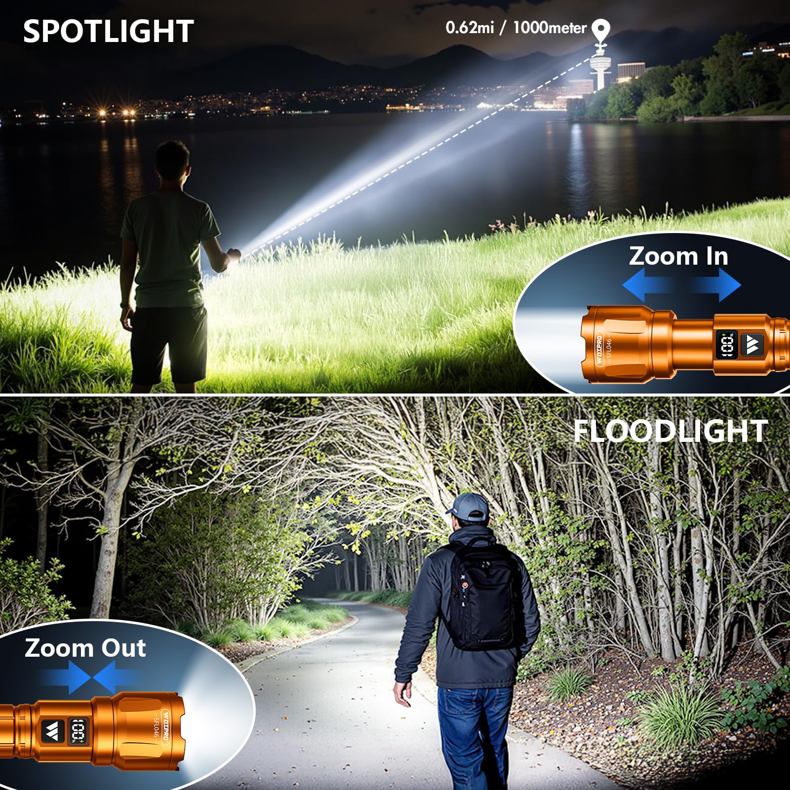 WdtPro LED Rechargeable Flashlight 6000 Lumens, 3 Mode Waterproof, 2 Pack, Orange, Model SFL046