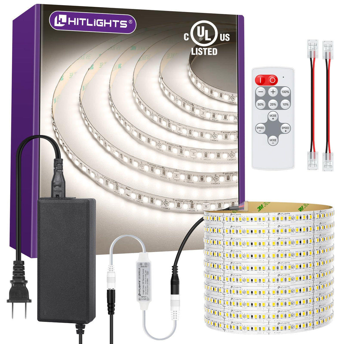 HitLights White LED Strip Lights Kit with Remote & 24V Power Supply, 16.4ft Dimmable Tape Light 4000K, 600 LEDs, 425 lm/ft, CRI 