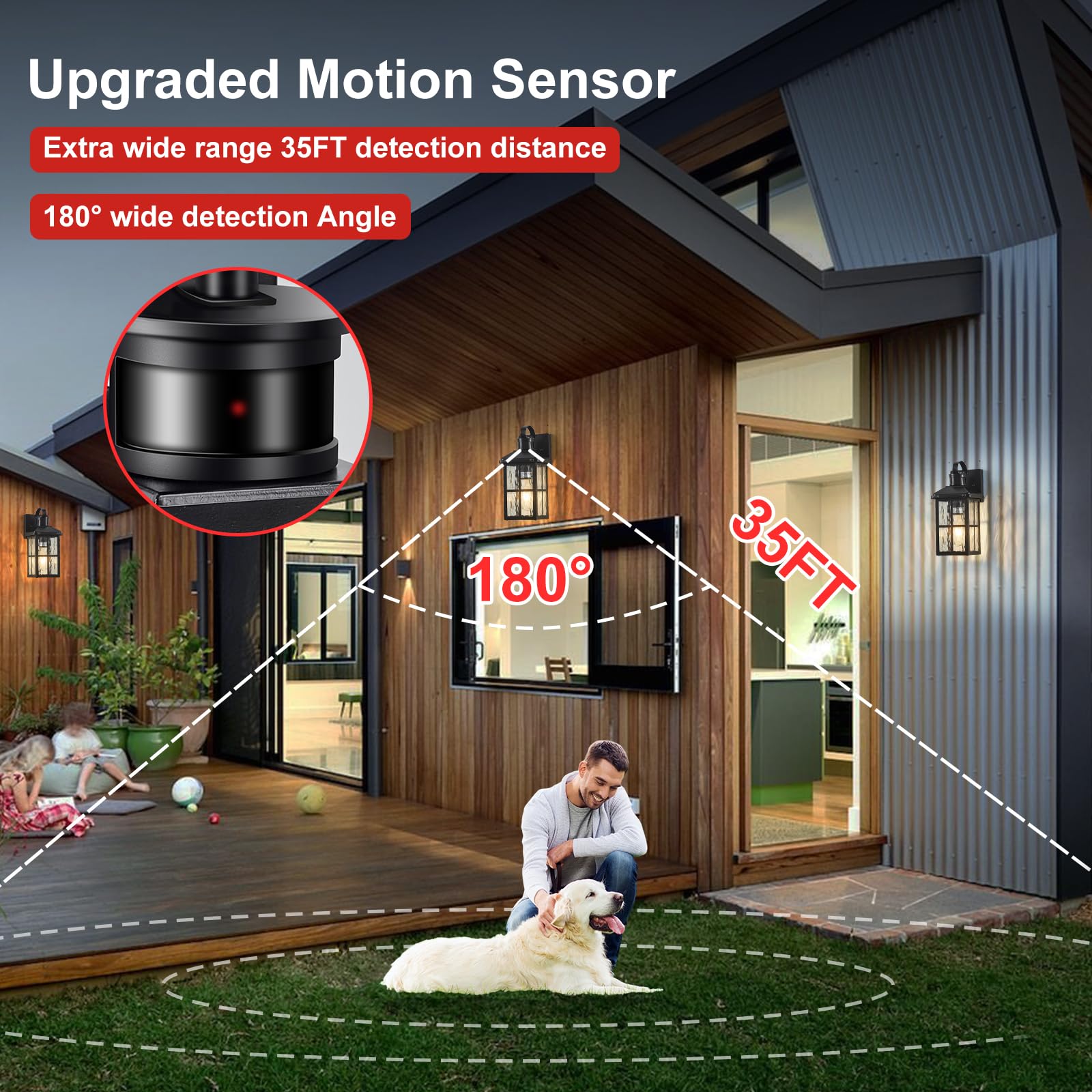 YJXGDIL Outdoor Porch Lights with Remote Control, Motion Sensor, 3 Lighting Modes, 2 Pack, Black, Metal, Model H2001-2B-RW