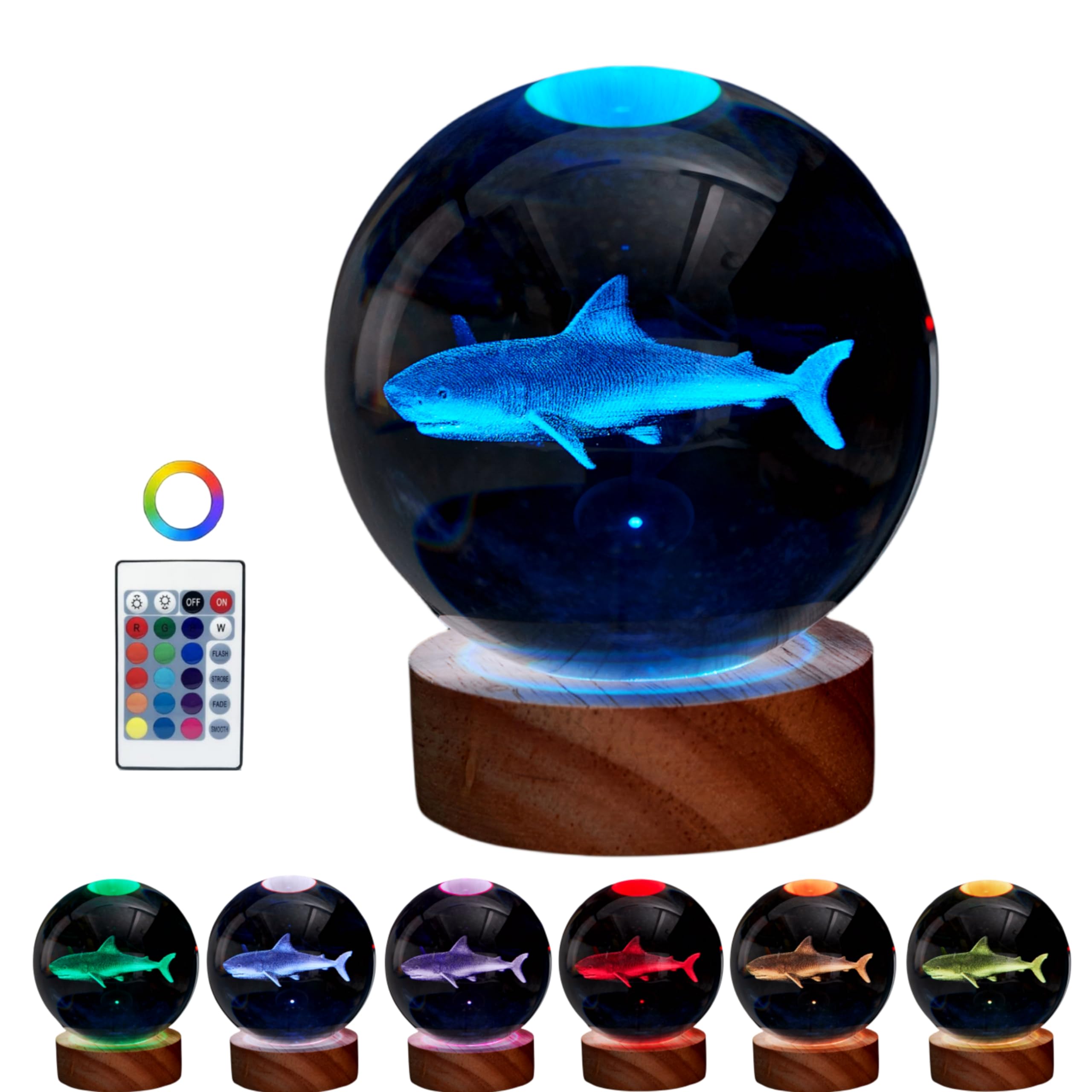3D Shark Crystal Ball Lamp,Lifelike 3D LED Shark Night Light,16 Colors Changing Light,Dimmable Remote Control,Shark Lamp Gift (Shark)
