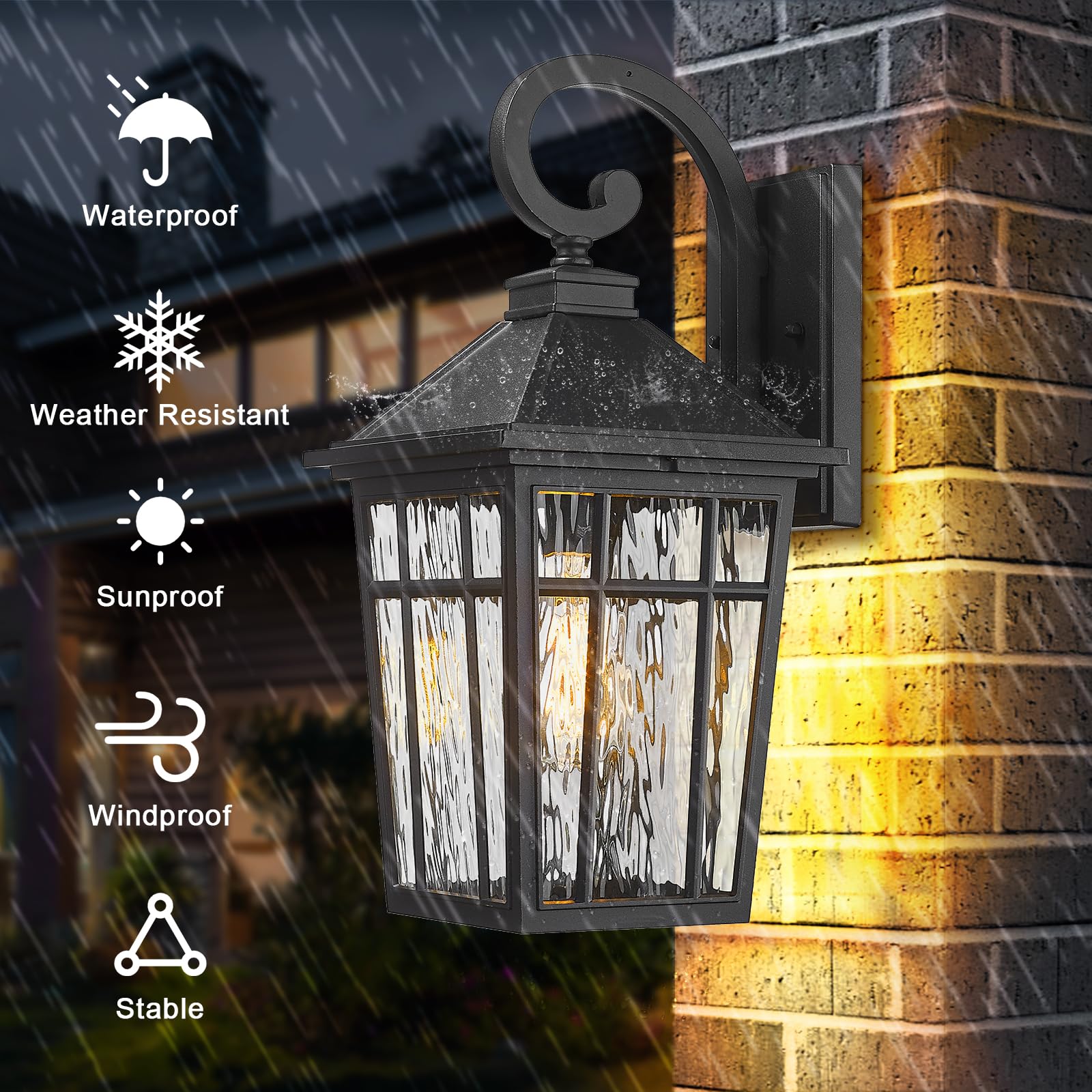 Darkaway 2pcs Large Outdoor Wall Lights, Black Aluminum, Water Ripple Glass, 18inch Exterior Sconces for Porch, Garage, Hallway