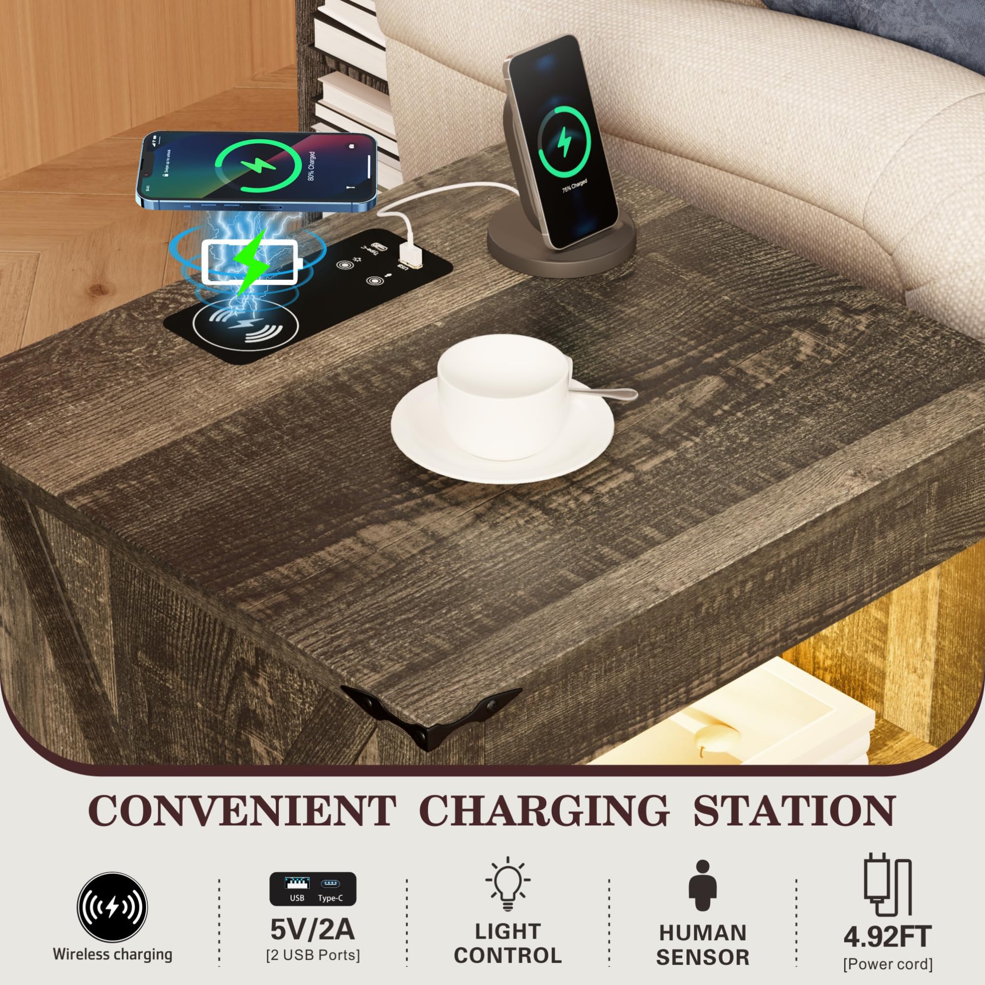 HWB Nightstand Set of 2 with Charging Station, Engineered Wood, 17.72inx15.75inx23.62in, Brown, Model Gun Nightstand 91061