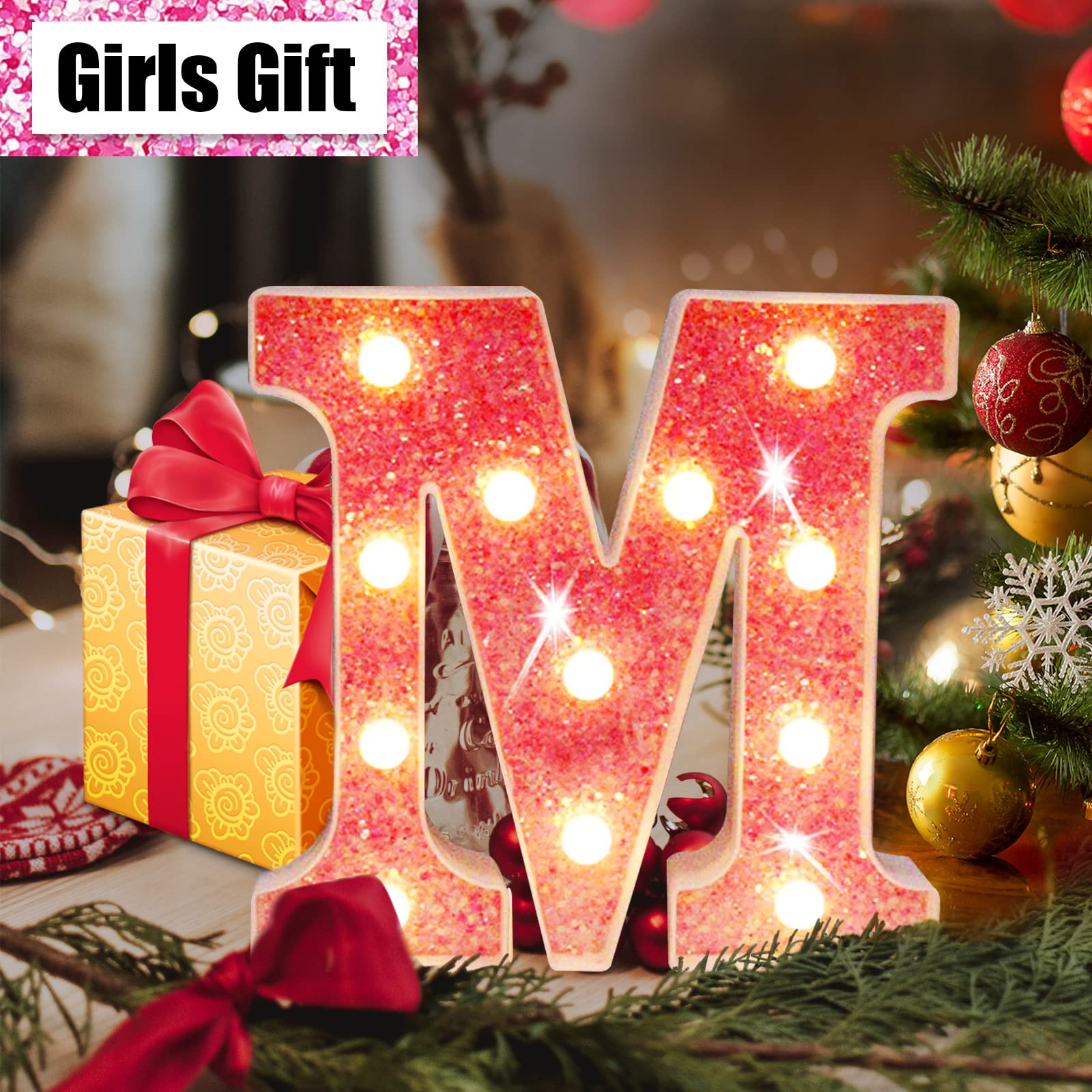 Pink Light Up Letters, Glitter Alphabet Letter Sign Pink LED Marquee Letter Lights Battery Powered for Night Light Girls Bedroom