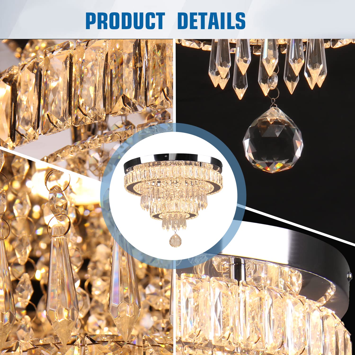 Finktonglan 16" Crystal Chandelier - Modern LED Ceiling Light Fixture for Dining Room, Bedroom, Living Room, 2700K Warm Light