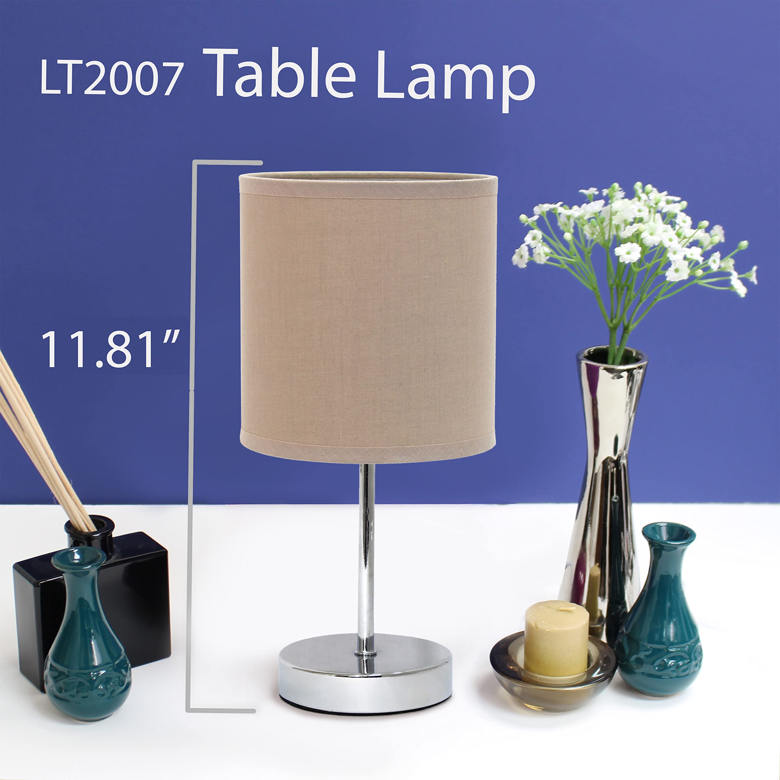 Simple Designs Chrome Mini Basic Table Lamp 2 Pack Set, Fabric Shade, Gray, Model LT2007-GRY-2PK, No Bulb Included