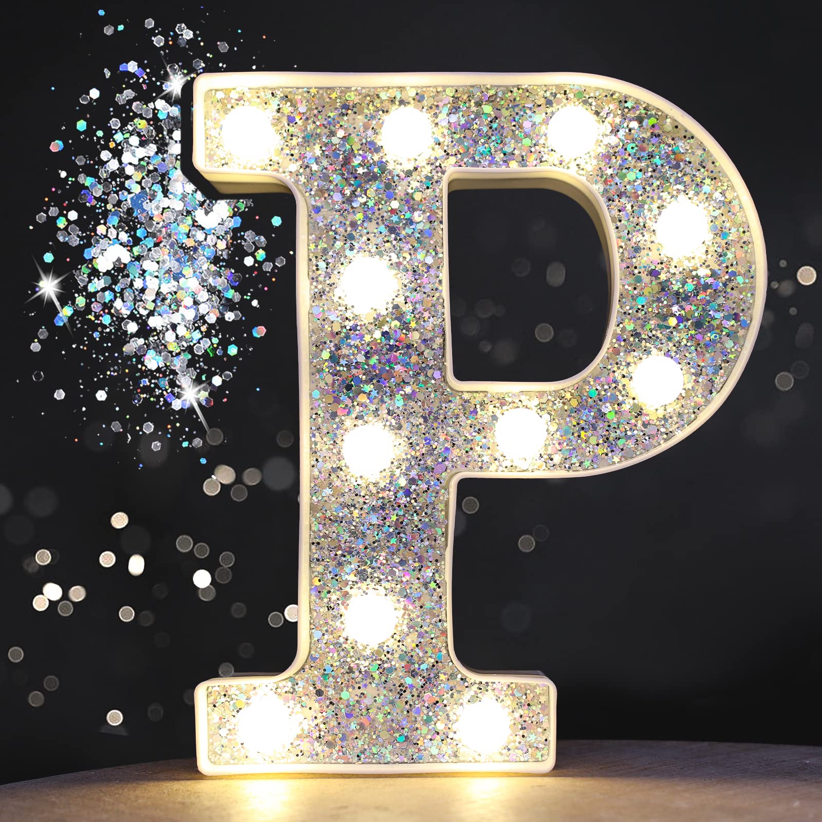 Pooqla LED Marquee Letter Lights, Silver Glitter Alphabet Sign, Battery Powered for Parties, Home Decoration, Letter P