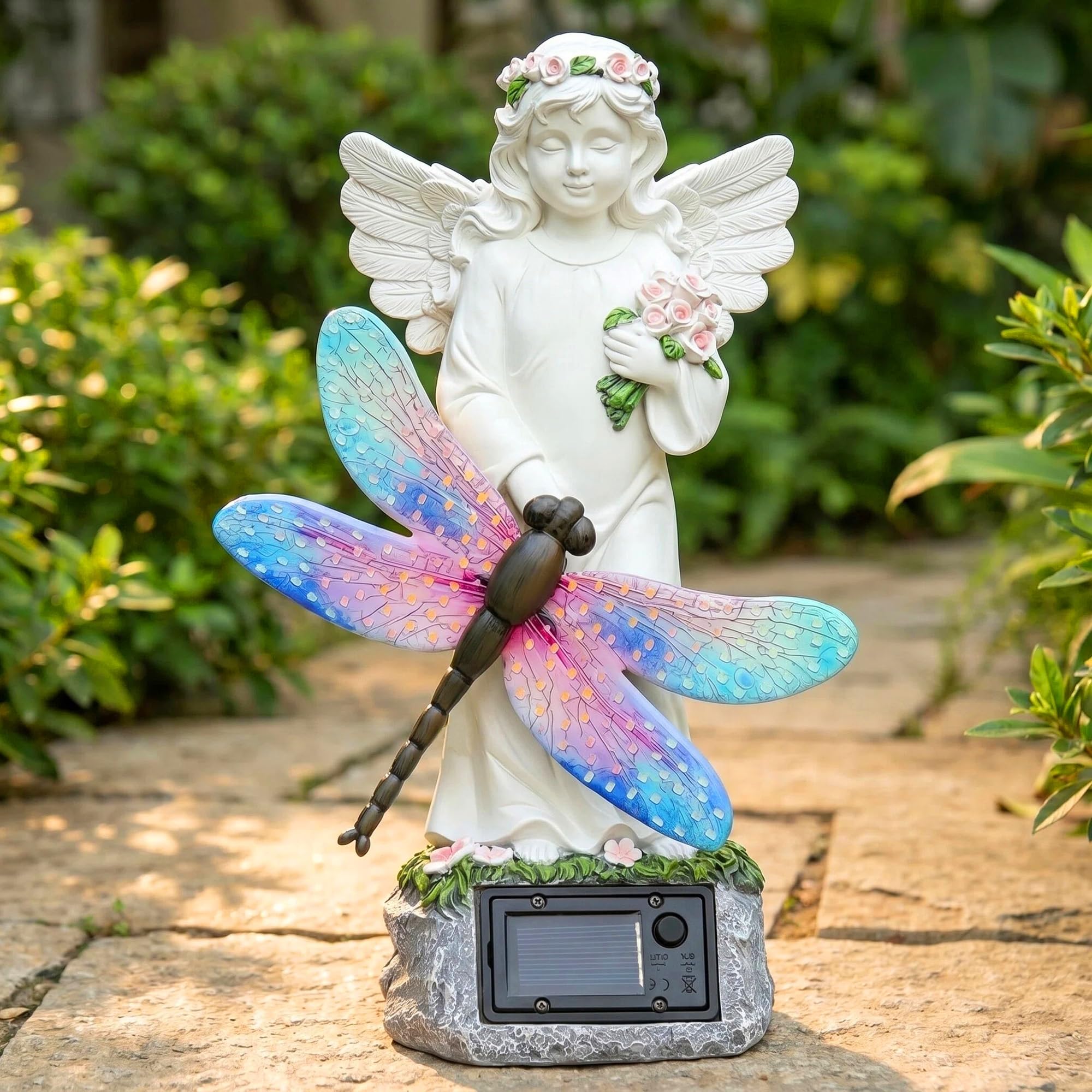 Starryfill Solar Angel Garden Statue with Color Changing Dragonfly Lights, 12 Inch Hand-Painted Resin Figurine, Auto Dusk-to-Daw