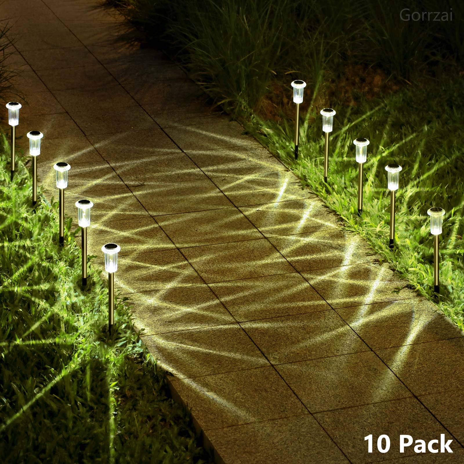 Gorrzai Solar Lights Outdoor 15 Pack Solar Pathway Lights Led Waterproof Stainless Steel Garden Stake For Yard, Outside, Walkway