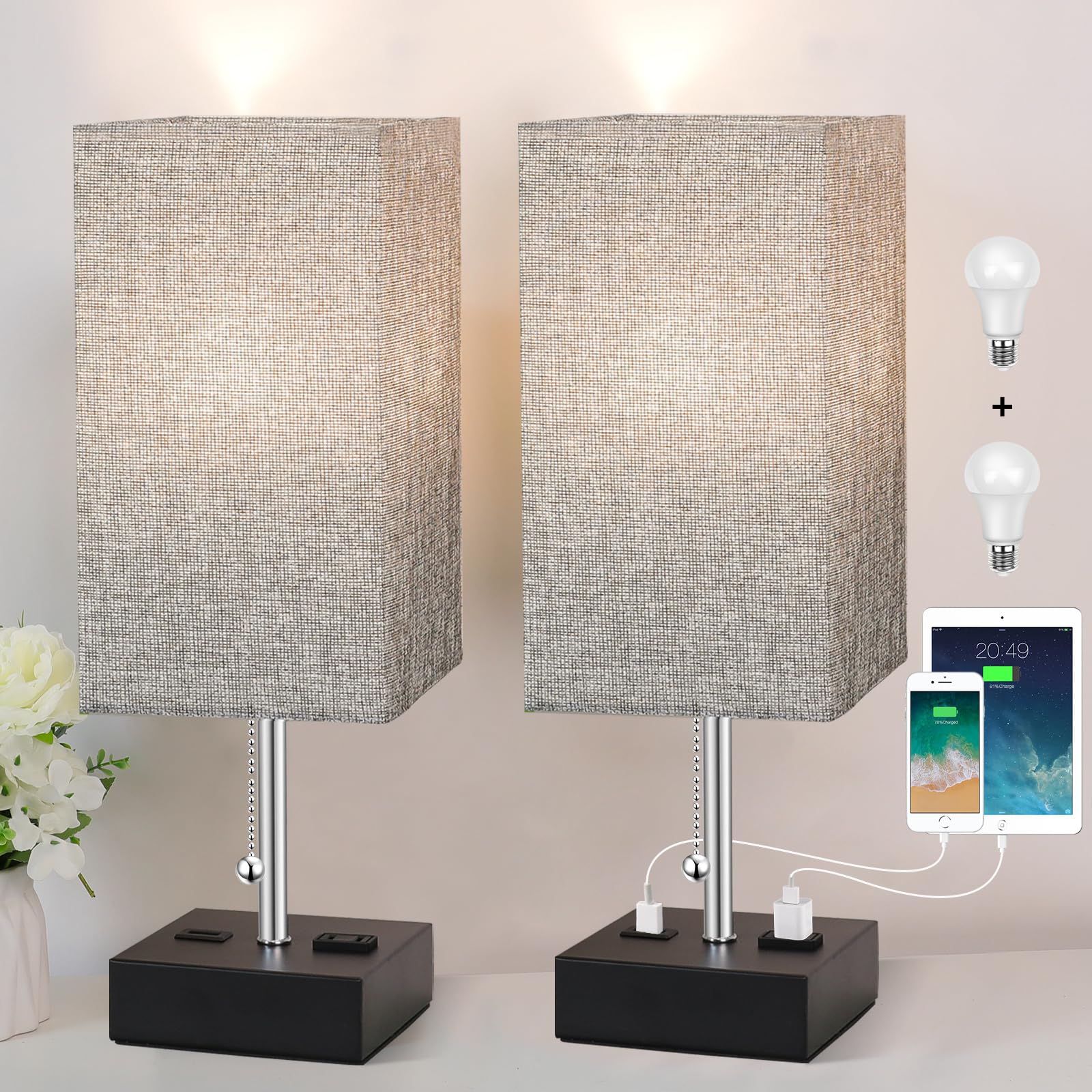 WIHTU 3-Color Temperature Table Lamps for Bedrooms Set of 2, Small Bedside Lamp with USB Port and AC Outlet, Grey Shade, Black M