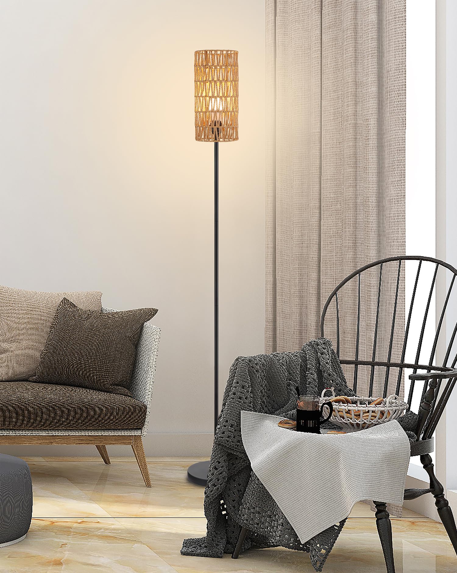Floor Lamp For Living Room,Farmhouse Rattan Floor Lamp,Modern Standing Lamp With Hand-Worked Rattan Shade,Black Tall Lamp With F