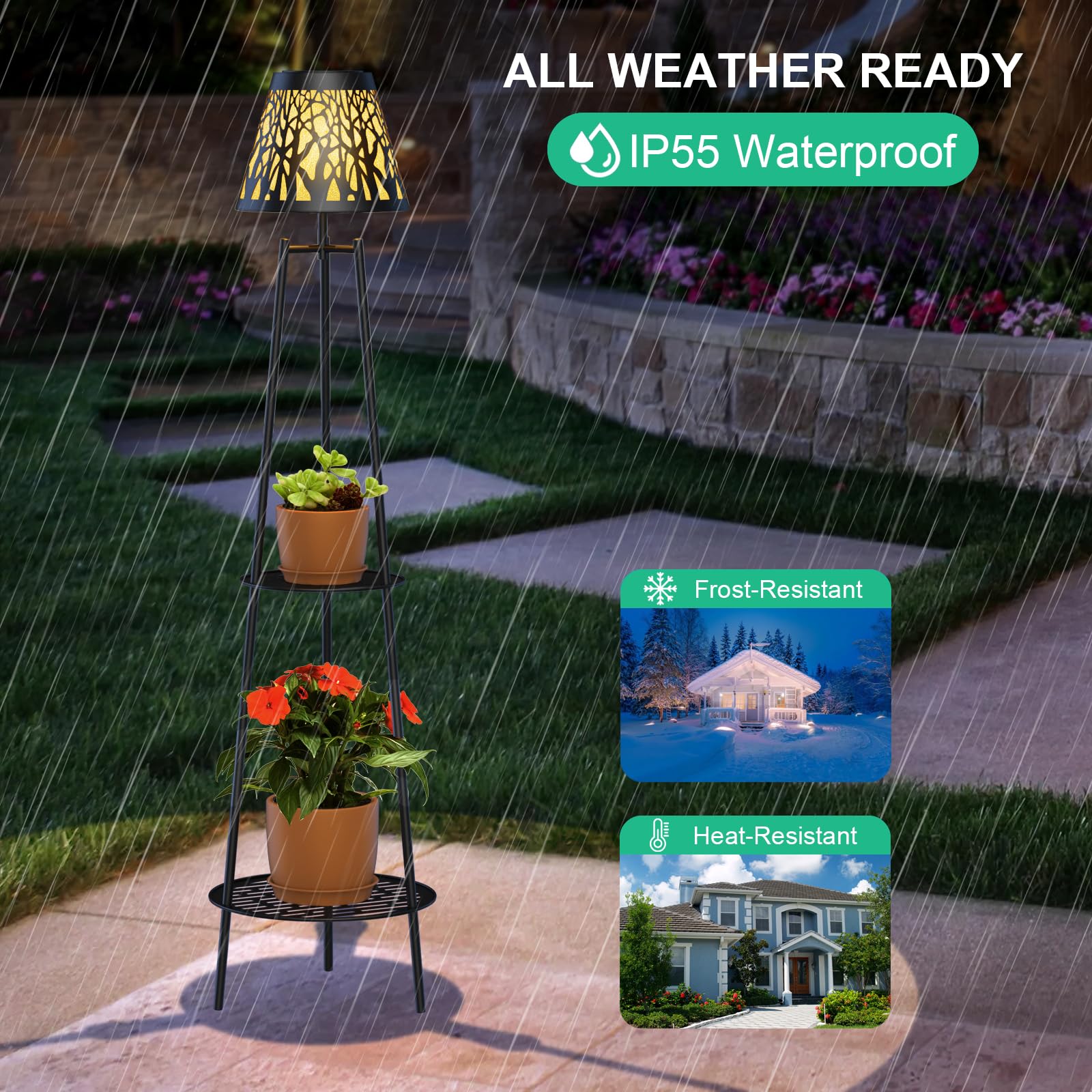 VISFLAIR Solar Powered Outdoor Floor Lamps, 2 Pack, Metal, 45.5in H, Waterproof, with 2 Tier Plant Stand, Model VF-005A