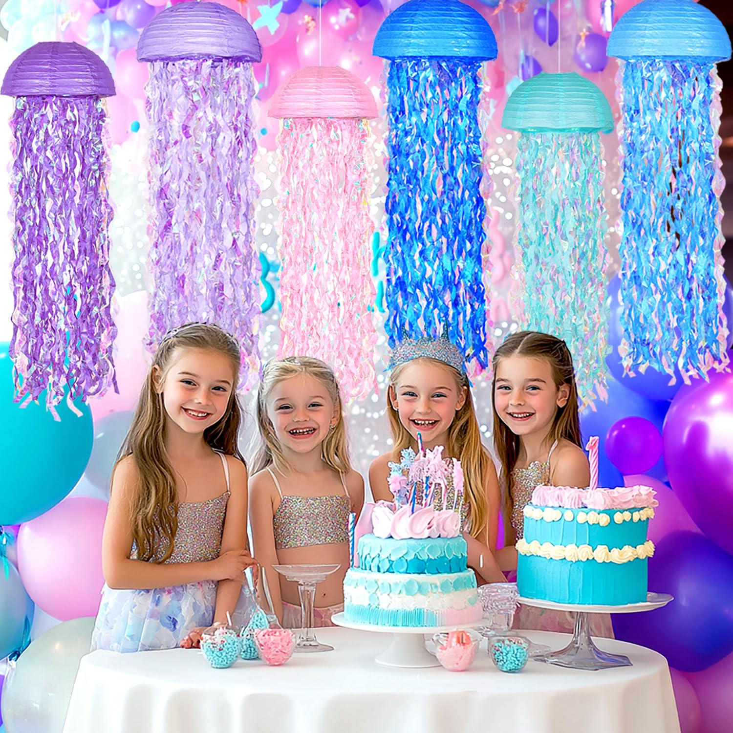 Obxt Hanging Jellyfish Lanterns Multi-Color 6 Pack - Ocean-Themed Decor For Under The Sea Mermaid Birthday Party Classroom & Vbs