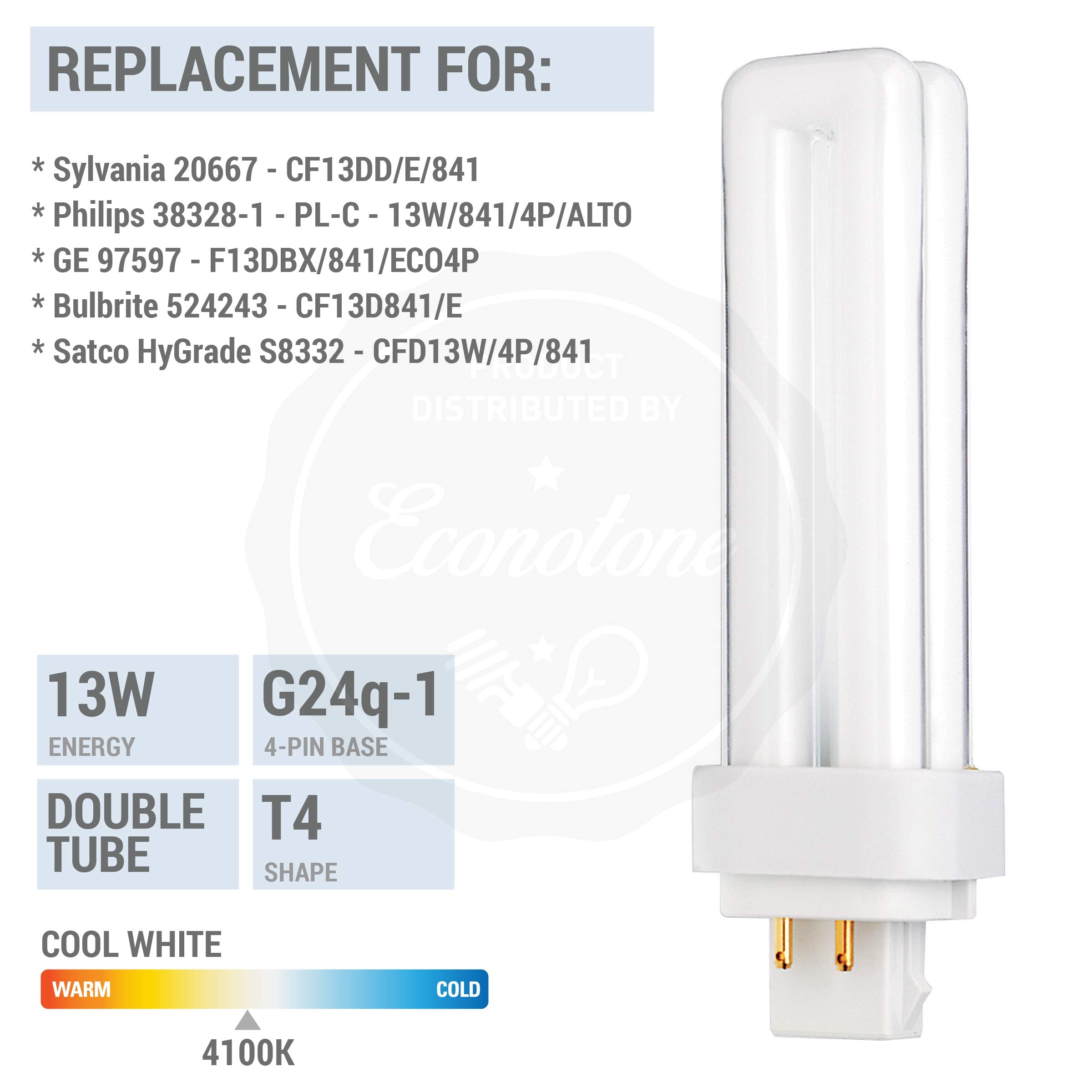 Kor (Pack Of 4) 13 Watt Double Tube - G24Q-1 (4 Pin) Base - 4100K Cool White - Cfl Light Bulb. Replaces Sylvania 20667 Cf13Dd/E/