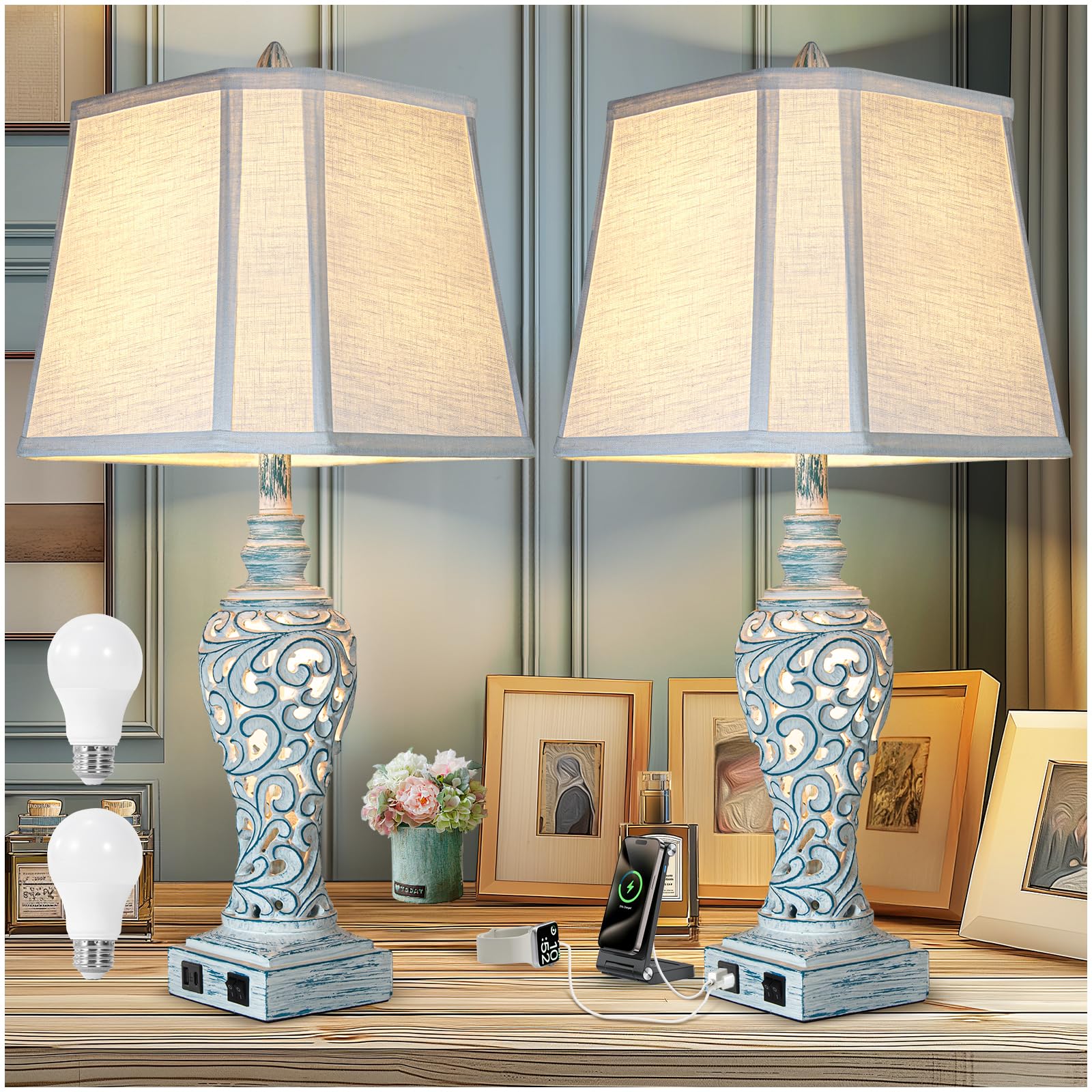 Table Lamp Bedside Lamps Set of 2, 28.5'' Luxsight Farmhouse Table Lamps for Bedroom, Lamps for Nightstands with Night Lights, w