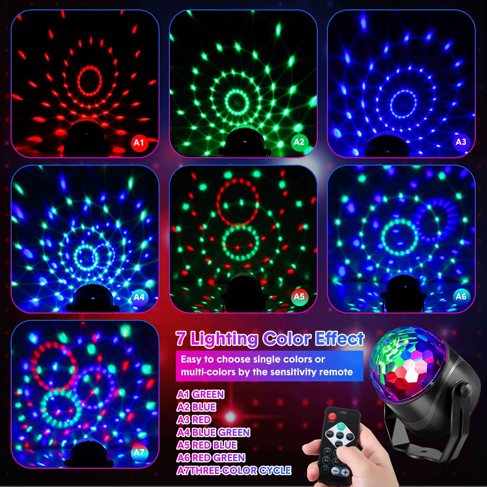 Hortsun 6 Pack Disco Ball Party Lights RGB DJ Strobe Light Lamp, Sound Activated, Remote Control, Multicolored, Model Hortsun-001
