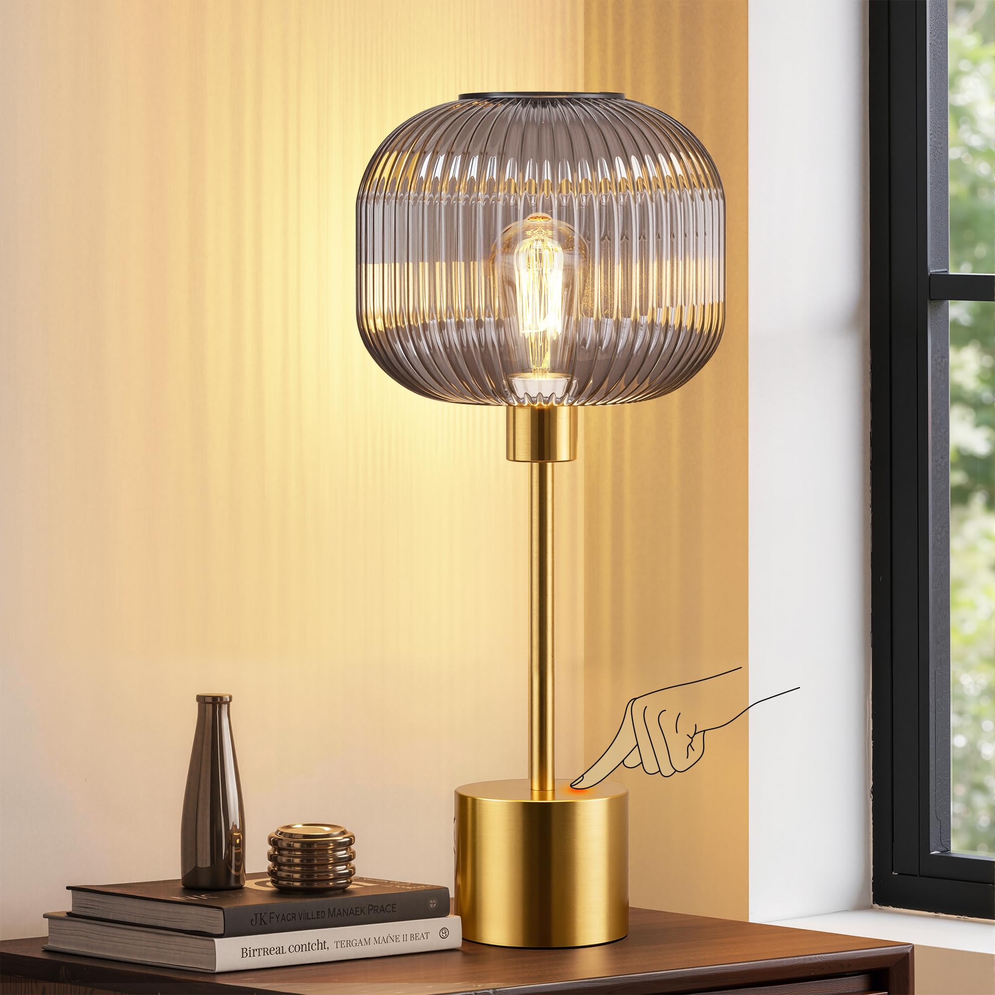 QiMH Glass Table Lamp for Living Room  Modern Bedside Lamp with Grey Ribbed Glass Shade  3-Way Dimmable Touch Control Nightstand Lamp for Bedroom  Brushed Gold (2700K LED Bulb Included)