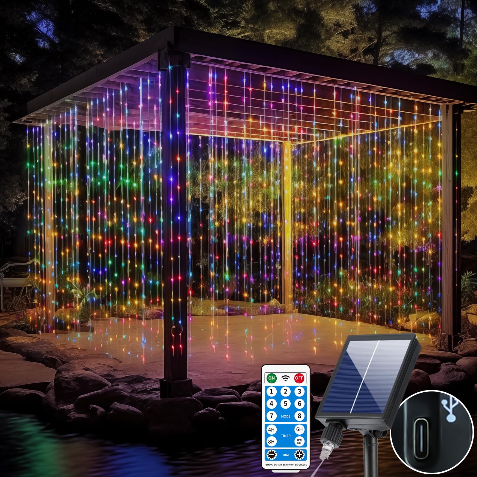 RCNDJE 600LED Solar Curtain Lights Waterproof, 20FT Dimmable Twinkle Fairy Light with Remote Control, Multicolor, Model RJ-240