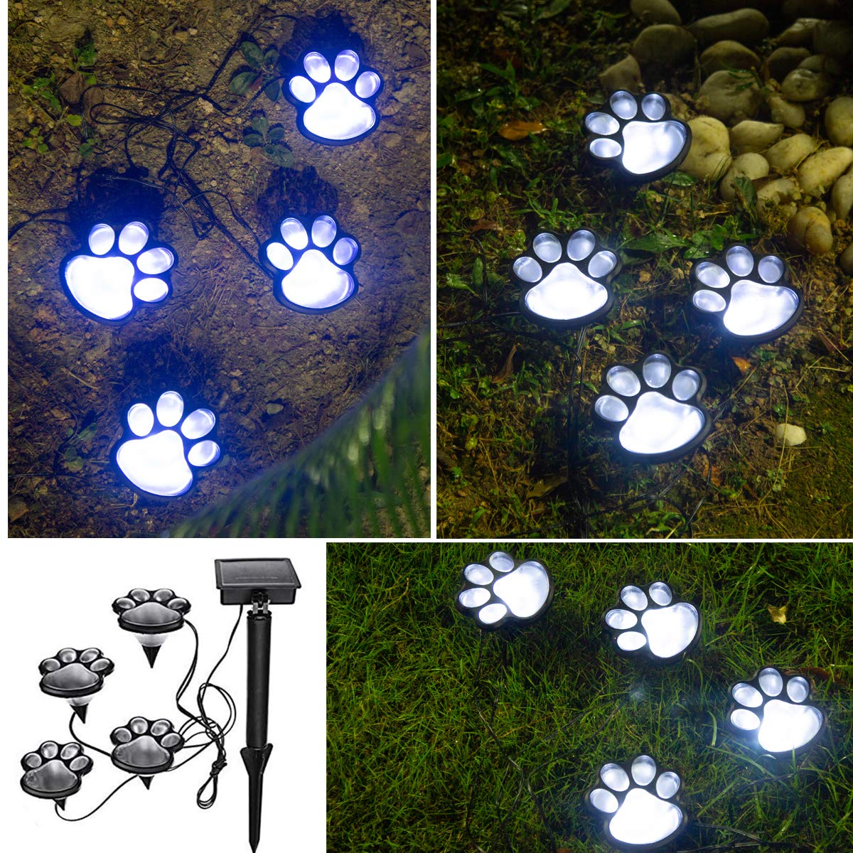 Elnsivo Paw Print Solar Outdoor Lights, Waterproof Set of 4, Plastic, White