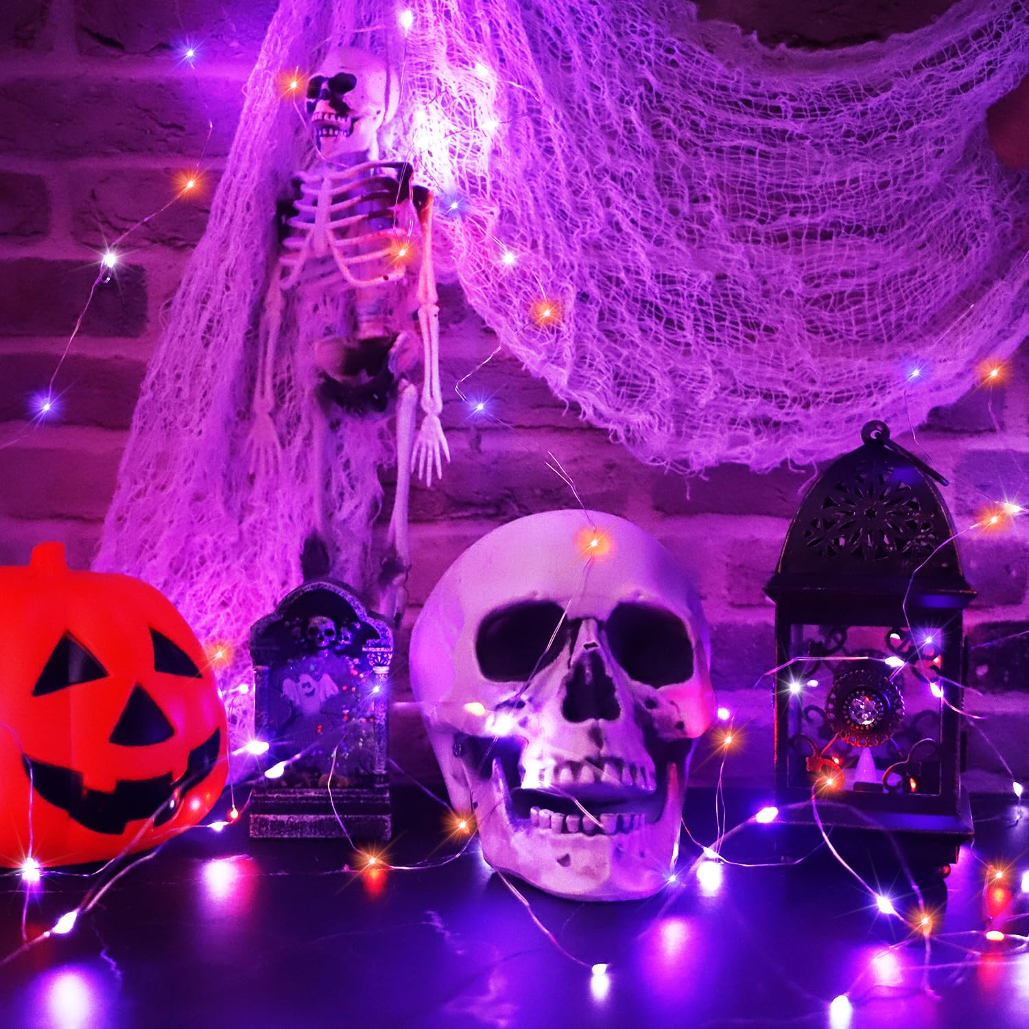 Curyidy Halloween Fairy Lights, 100LED Battery Operated, Remote Control, Purple White Orange, 2 Pack