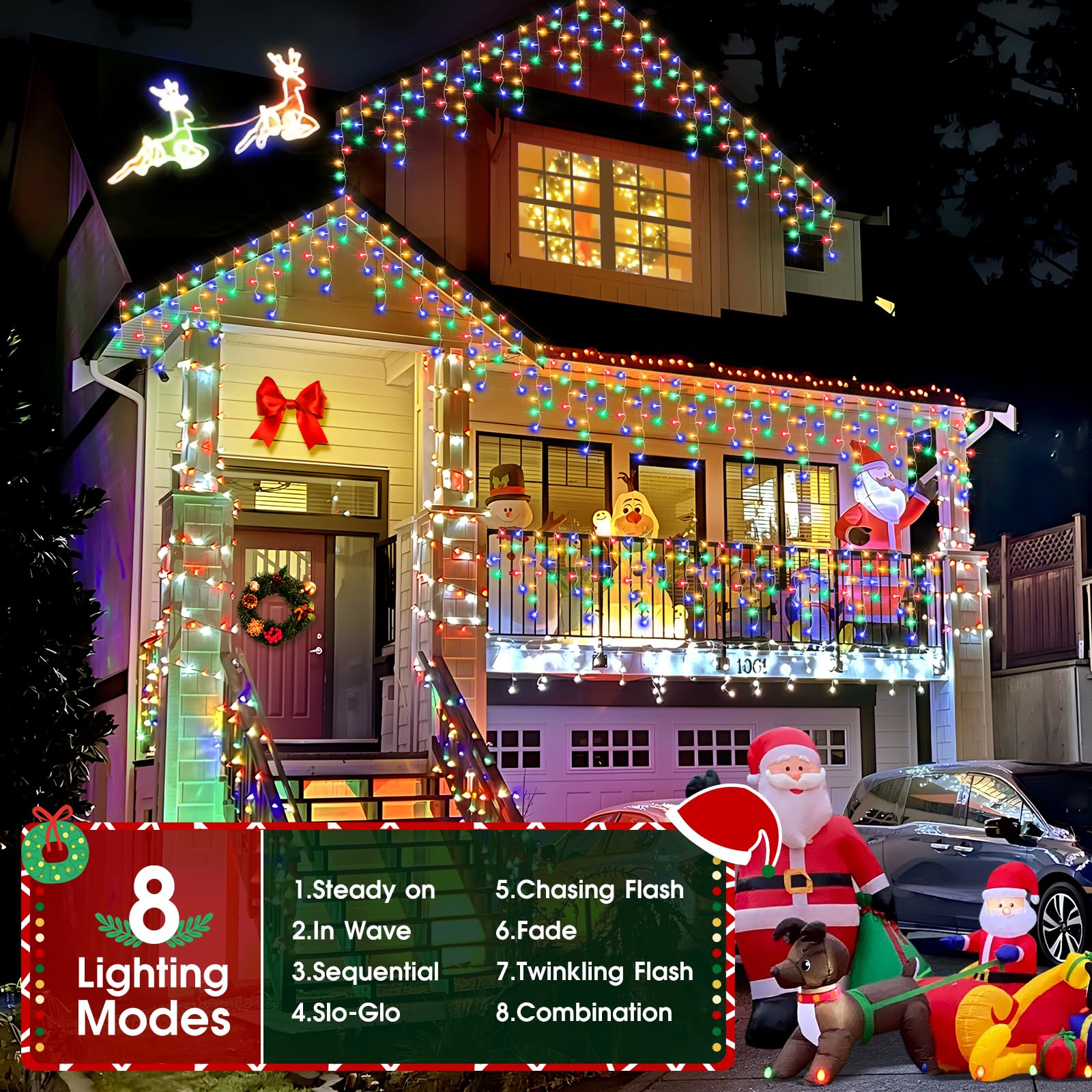 Hezbjiti 800LED Icicle Lights, 32.8FT String Lights, 8 Modes, Multicolor, 2 Pack, Model HB01-MNO1005-JDY