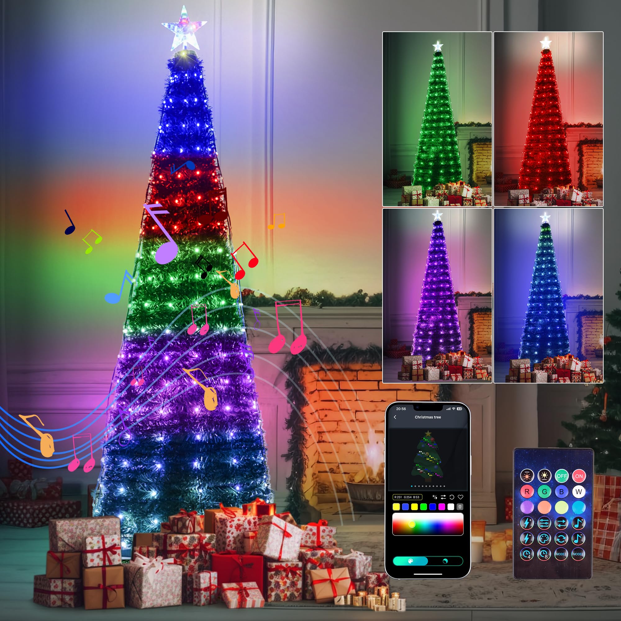 Smart Christmas Tree Lights with Star Topper, 6.6FT x 10 LED String Lights Music Sync with Remote & APP Controlled, DIY 16 Milli