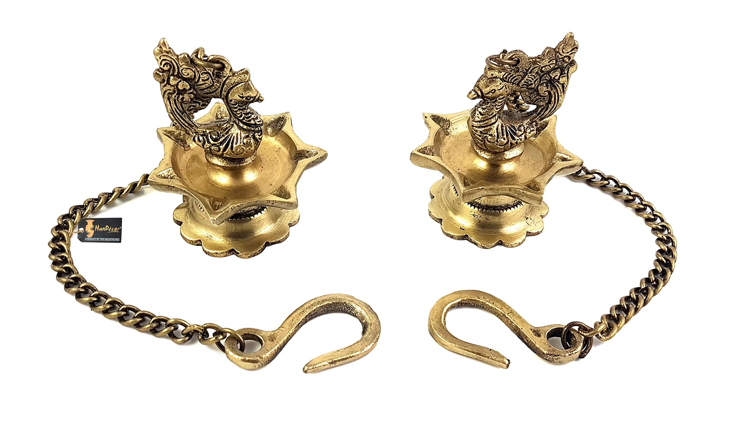 Two Moustaches Brass Peacock Carved Hanging Diya Set, Antique Yellow -Pack of 2, Standard