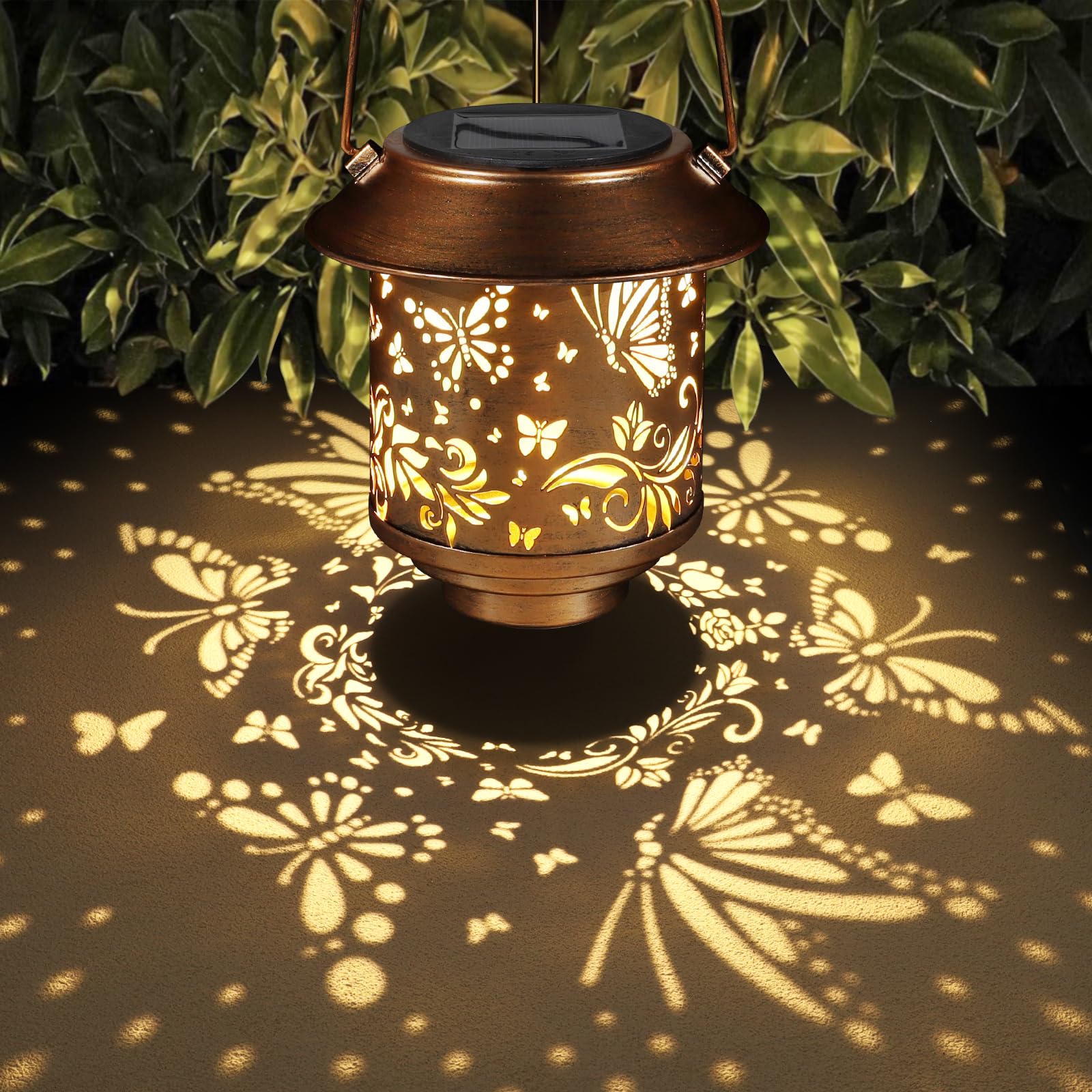 Outdoor Hanging Solar Lantern Waterproof Outside Metal Openwork Butterfly Pattern Landscape Lights For Porch Garden Yard Patio P